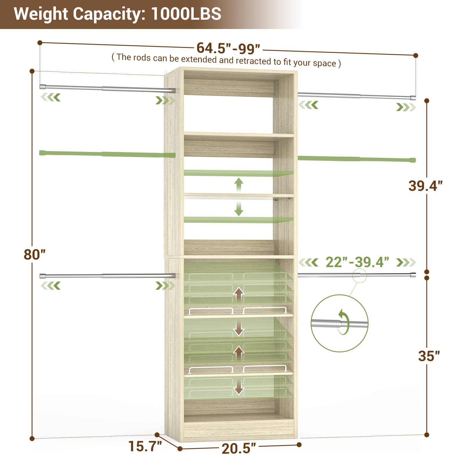 Weight Capacity: 1000LBS

- 64.5"-99" (The rods can be extended and retracted to fit your space)
- 39.4"
- 80"
- 22"-39.4"
- 35"
- 15.7"
- 20.5"