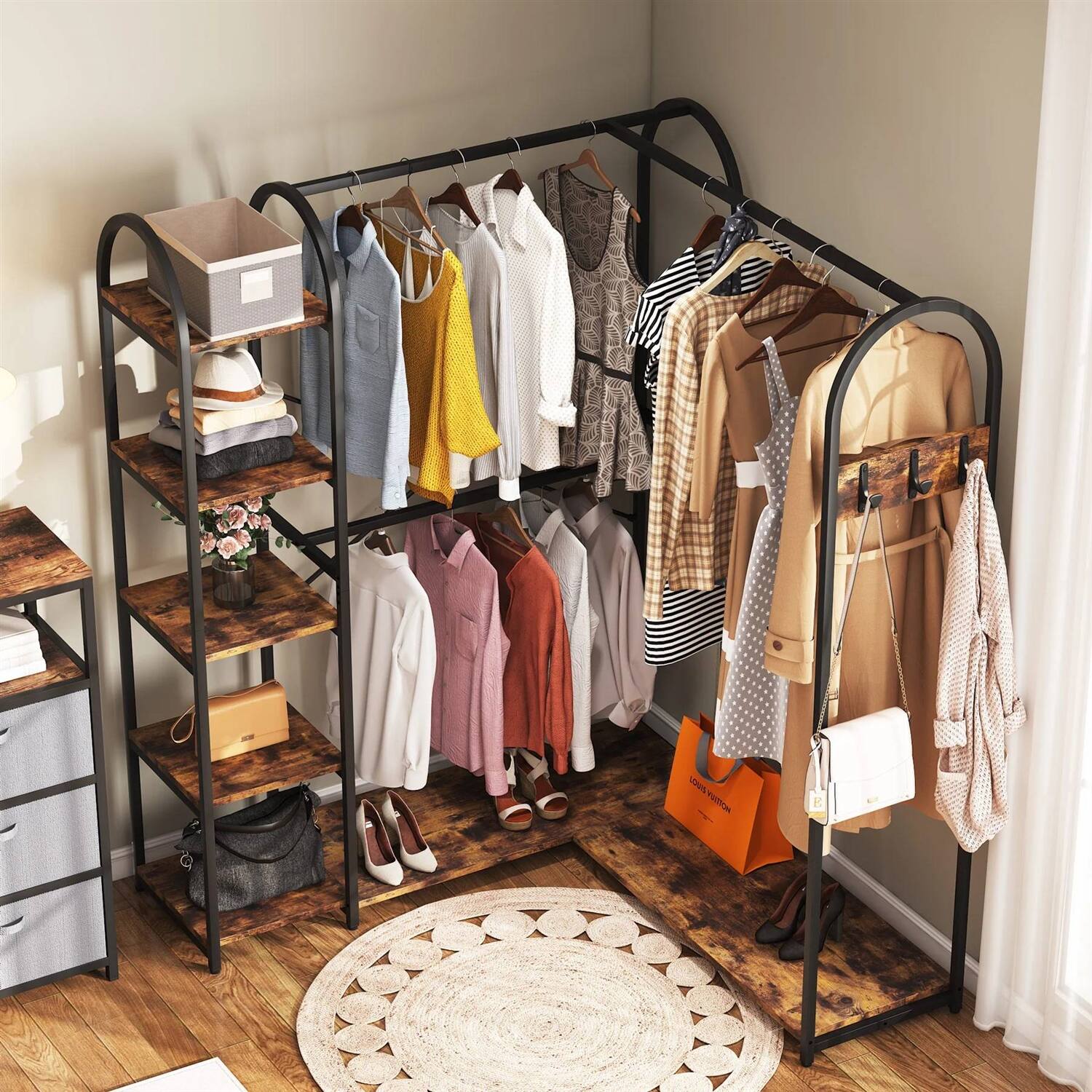 Left. Hivvago - Corner L-Shaped Garment Rack with Clothing Hanging Rods and Storage Shelves - Rustic Brown.