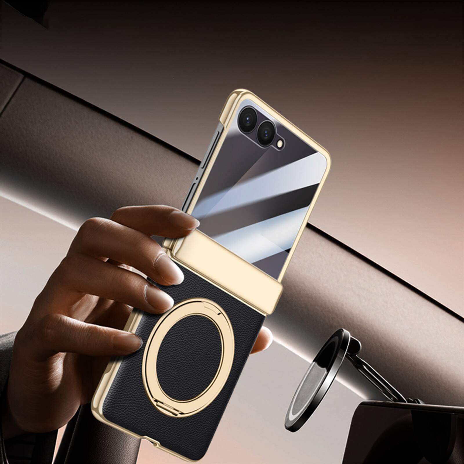 Back. Dteck - For Samsung Galaxy Z Flip7 Luxury Plated Frame Ring Stand Magnetic Case Hinge Protection Cover+Built-in Screen Protector - Green-Clear Screen.