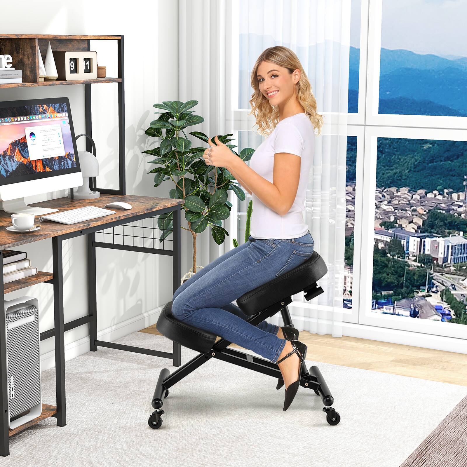 Alt View 11. Costway - Ergonomic Kneeling Adjustable Stool Chair with Lockable Universal Wheels - Black.
