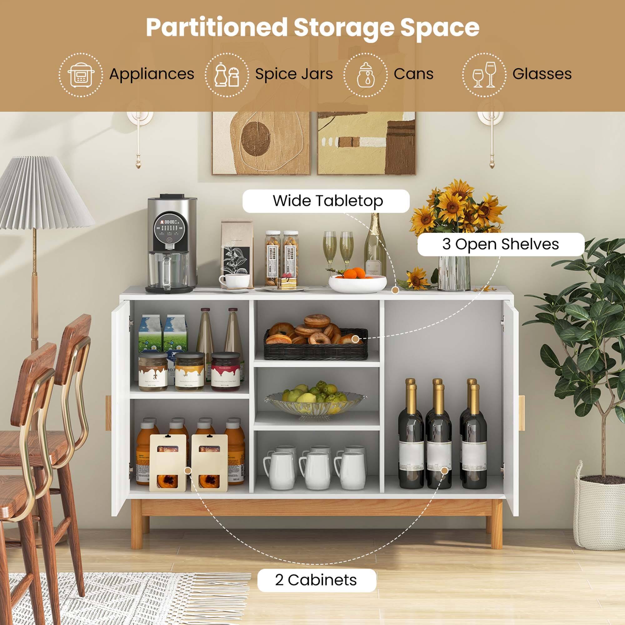 Partitioned Storage Space: Appliances, Spice Jars, Cans, Glasses, 2 Cabinets.