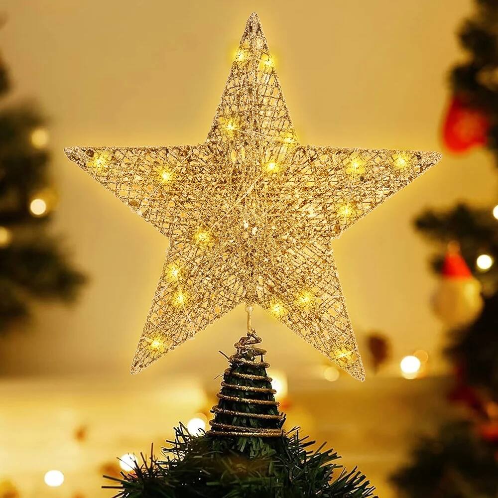 MOVSSOU - 12 Inch Christmas Tree Topper, 30 LED Lighted Glitter Warm Lights Gold Star Tree Topper - Yellow