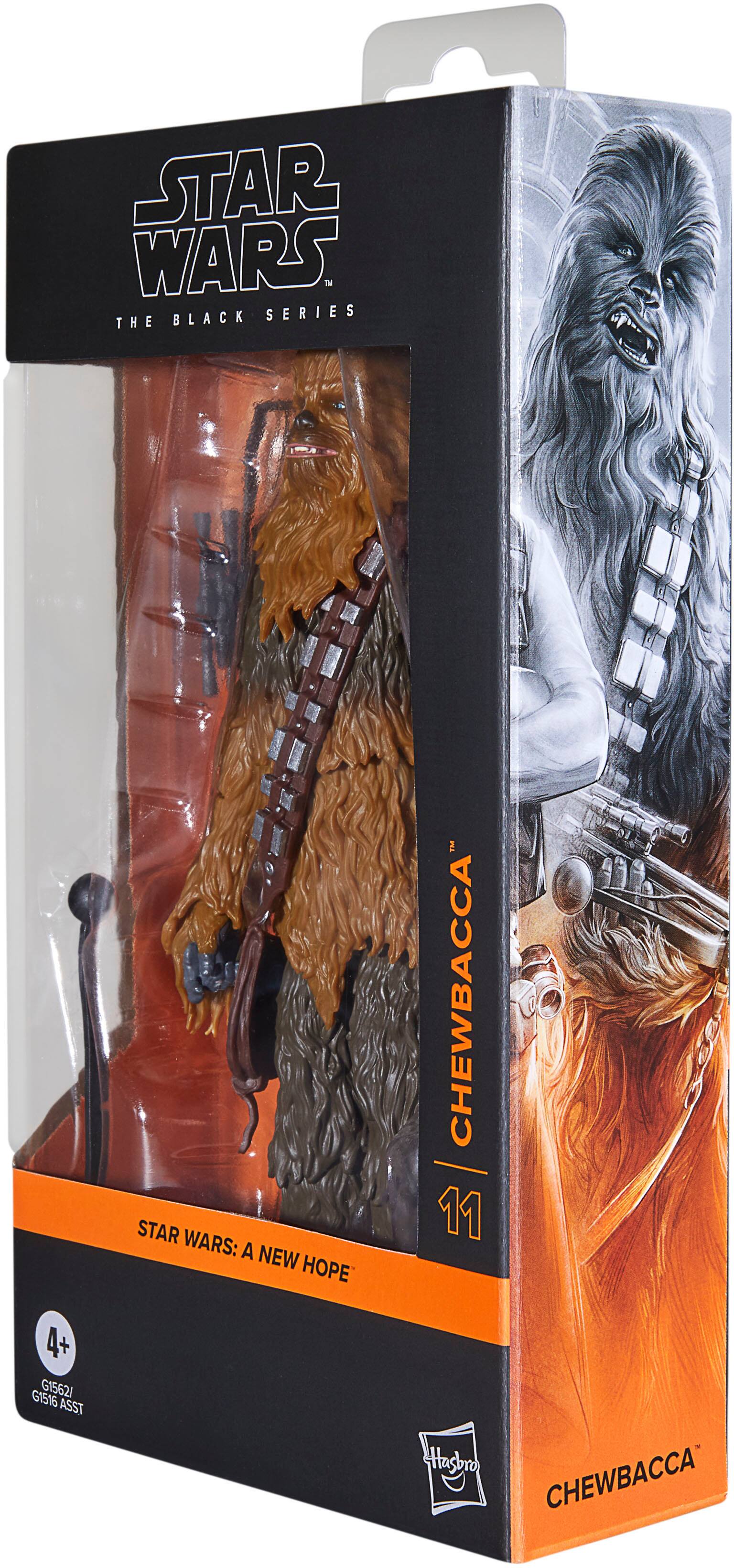 The image features a Star Wars action figure of Chewbacca, which is part of the Black Series collection. The figure is packaged in a plastic case, and it is designed to be compatible with the Star Wars: A New Hope playset. The toy is intended for children aged 4 and up, and it is made by Hasbro.