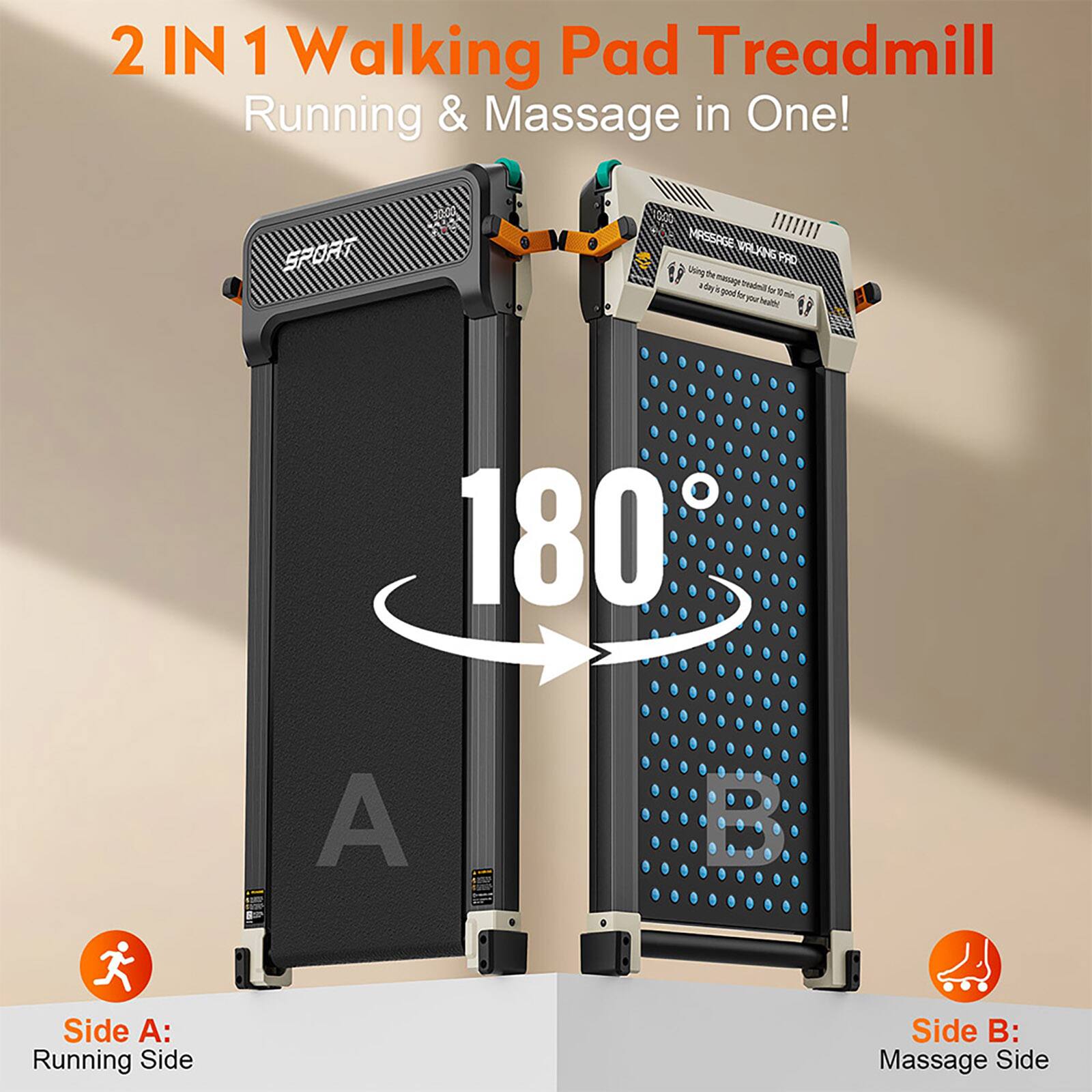 2 IN 1 Walking Pad Treadmill Running & Massage in One! SPORTS ADVENTURES 180 A Side A: Running Side Side B: Massage Side