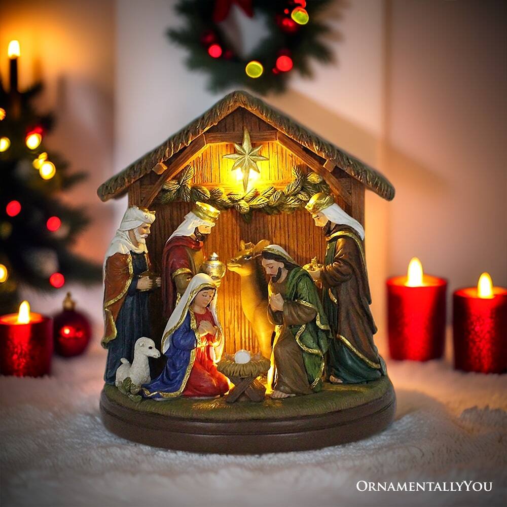 Back. OrnamentallyYou - Radiant Nativity Scene Handcrafted Statue Figurine, 7" Birth of Jesus Christian Home Decoration - Brown.