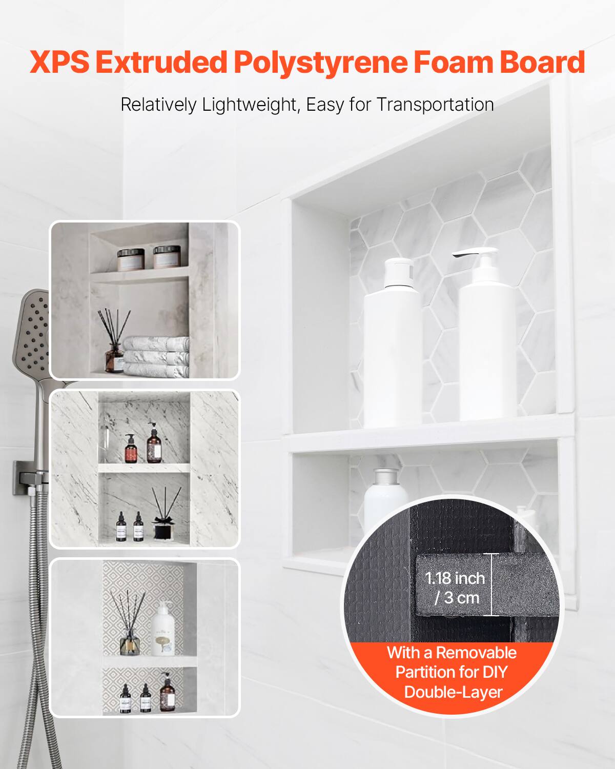 XPS Extruded Polystyrene Foam Board  
Relatively Lightweight, Easy for Transportation  
1.18 inch / 3 cm  
With a Removable Partition for DIY Double-Layer