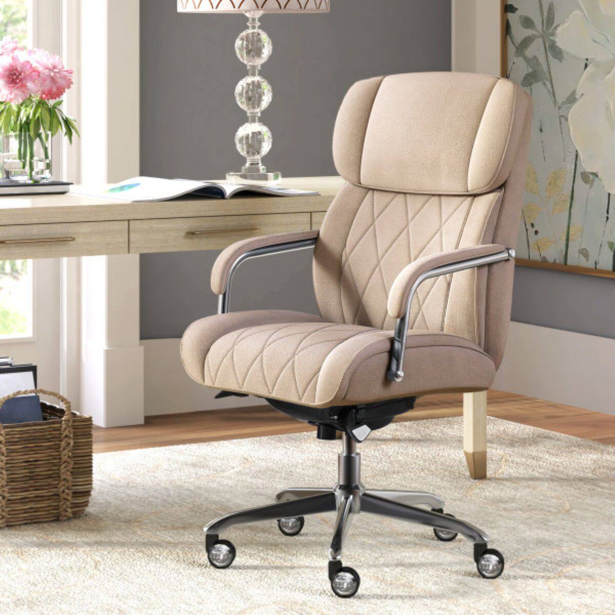 Left. La-Z-Boy - Sutherland Quilted Fabric Executive Office Chair with Padded Arms, Cream Microfiber Fabric - Cream.