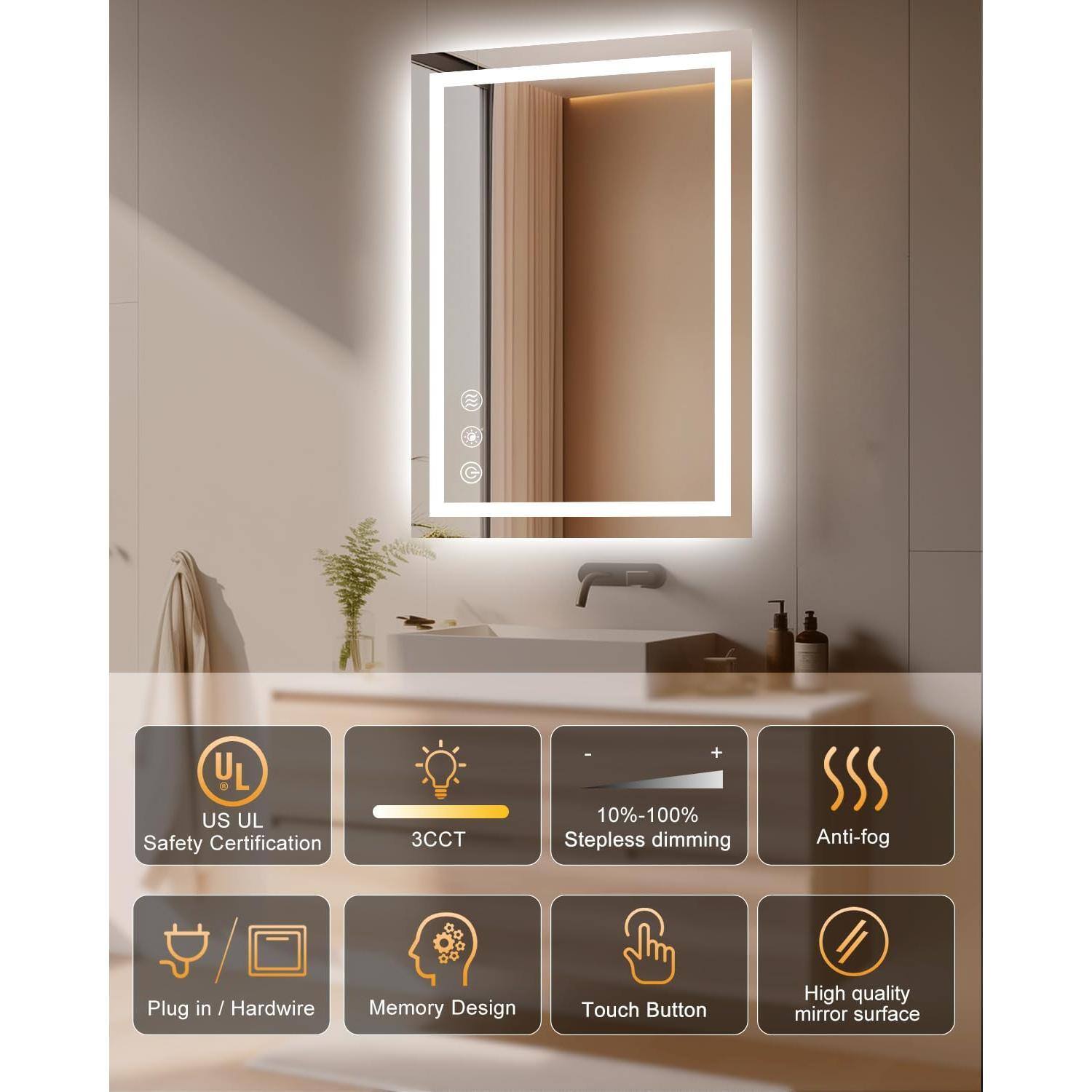 Earthley Blooms 24''x36'' Bathroom Mirror With Lights Front Lighted ...