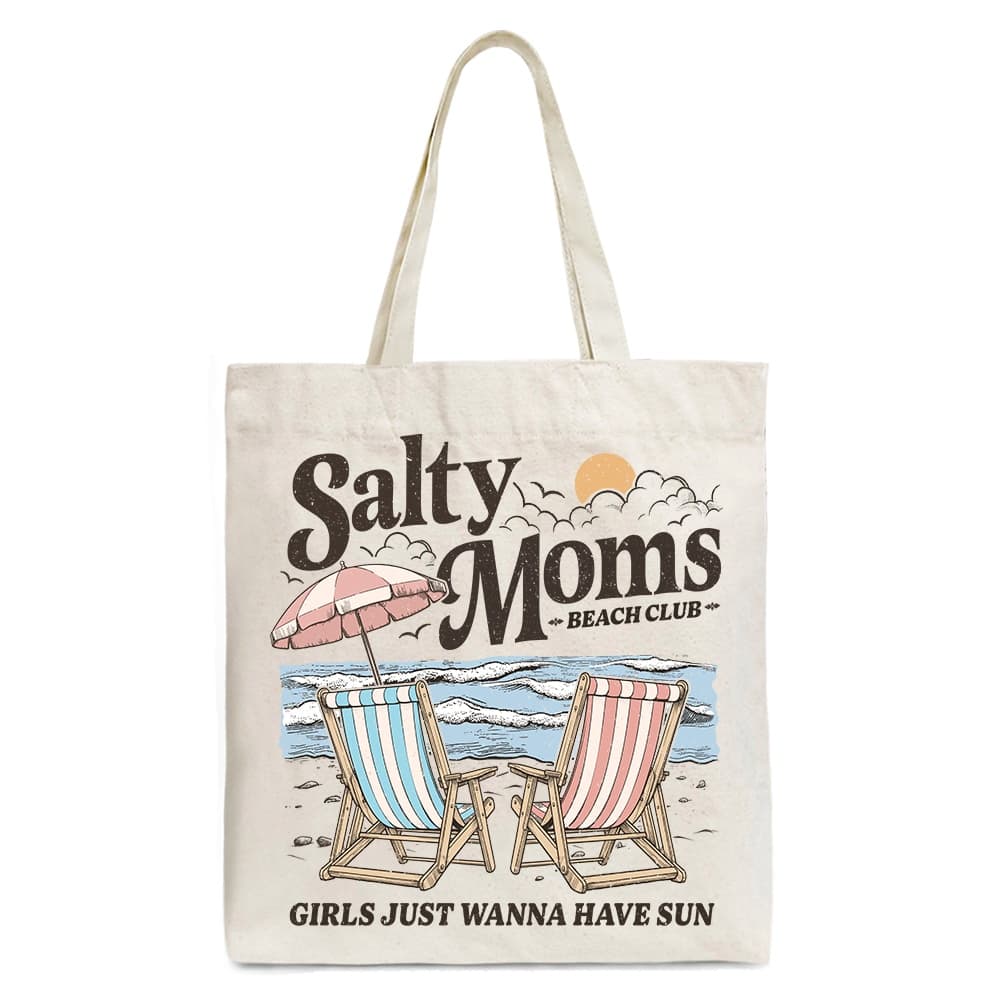 OrnamentallyYou - Salty Moms Beach Club Canvas Tote Bag, Retro Summer Gift for Ocean Loving Mothers - Beige