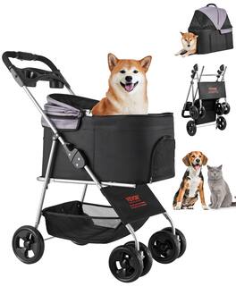 VEVOR - Pet Stroller,35 lbs Weight Capacity,Foldable Dog Stroller Cart,4 Wheels Cats Pram with Detachable Carrier & Mesh Windows - Black