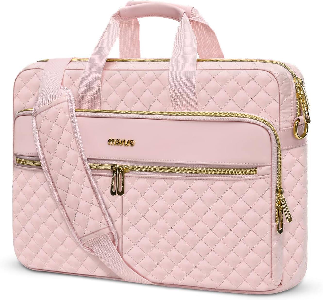 Front. Vulpecula Spade - Briefcase for Women&Men, 16 inch Square Quilted Computer Messenger Bag Office Travel Business with 3 Pockets&Strap - Pink.