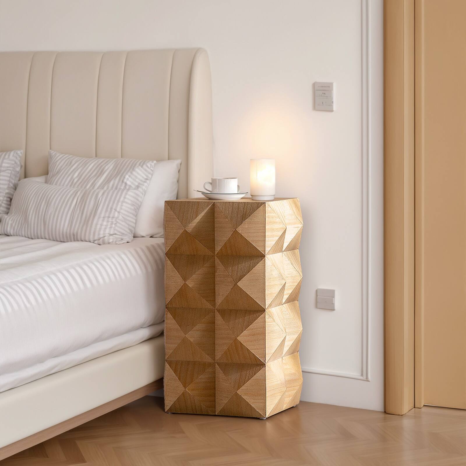 Alt View 7. Ecooso - 23.62"Height Three-dimensional Embossed Pattern Design Retro Side Table Retro Wooden Nightstand - Natural.