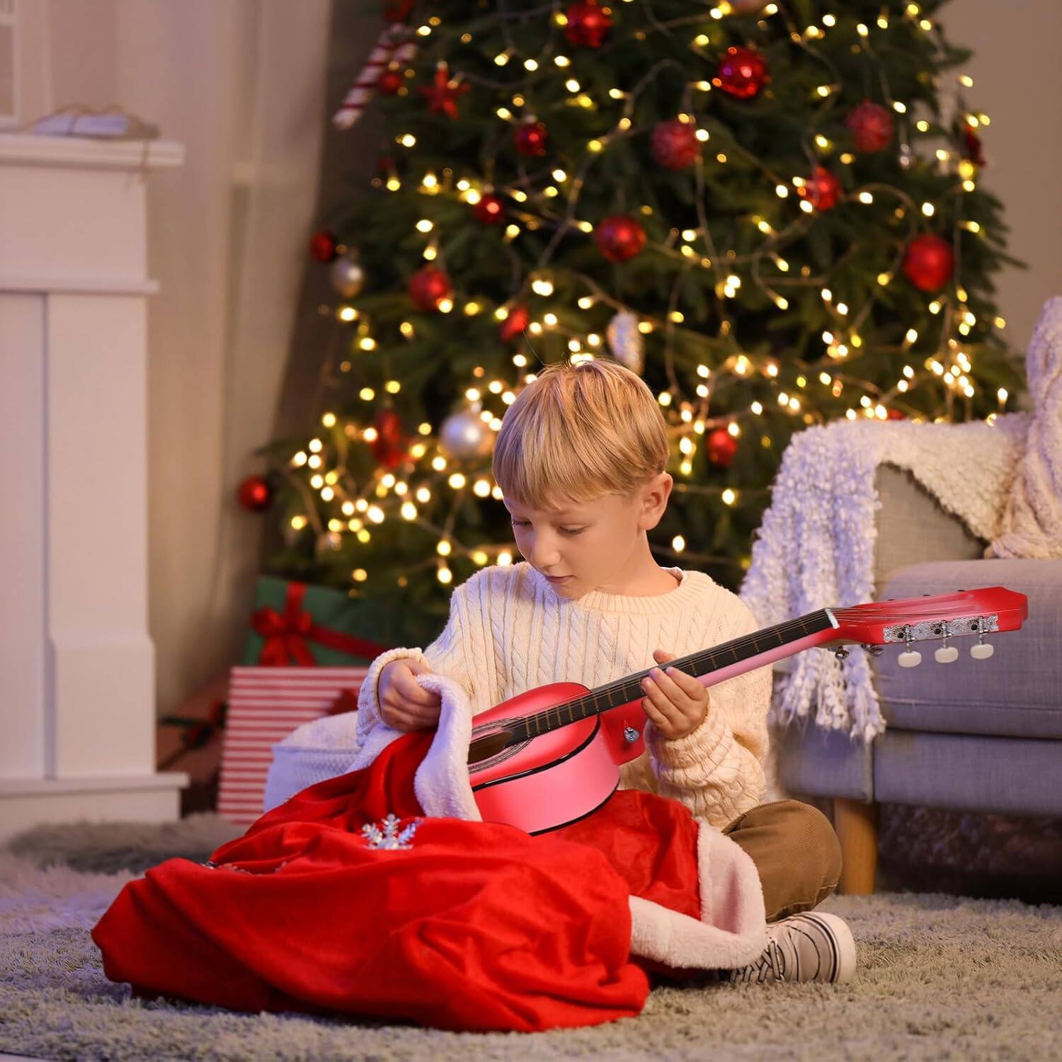 Angle. Winado - 30 Inch Beginner Acoustic Guitar, 6 String Basswood Classical Guitars Full Kit with Bag, Strap, Picks, Capo for Adults.