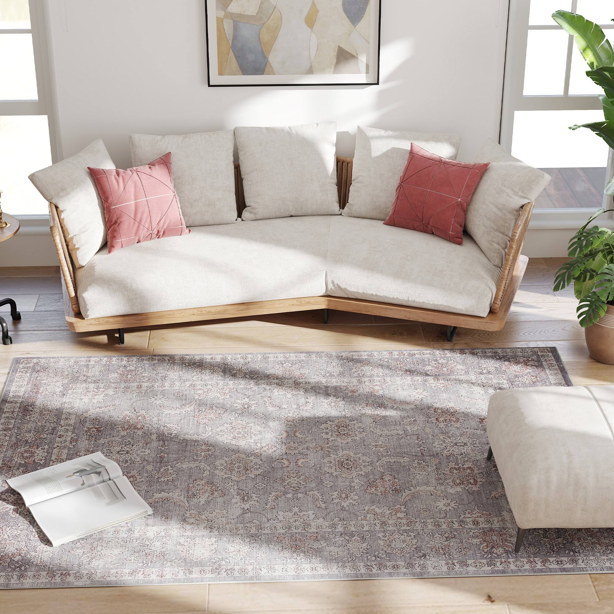 Alt View 7. Homcom - Area Rug 5x7, Machine Washable Non-Slip Traditional Flower Print Floor Cover - Grey.