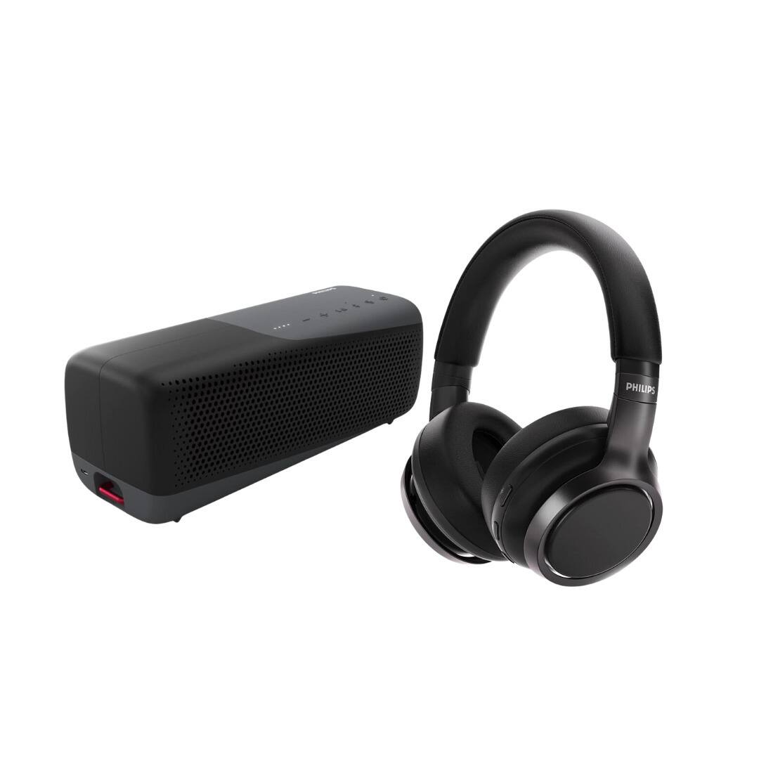 The image features a black Philips speaker and a pair of black headphones.