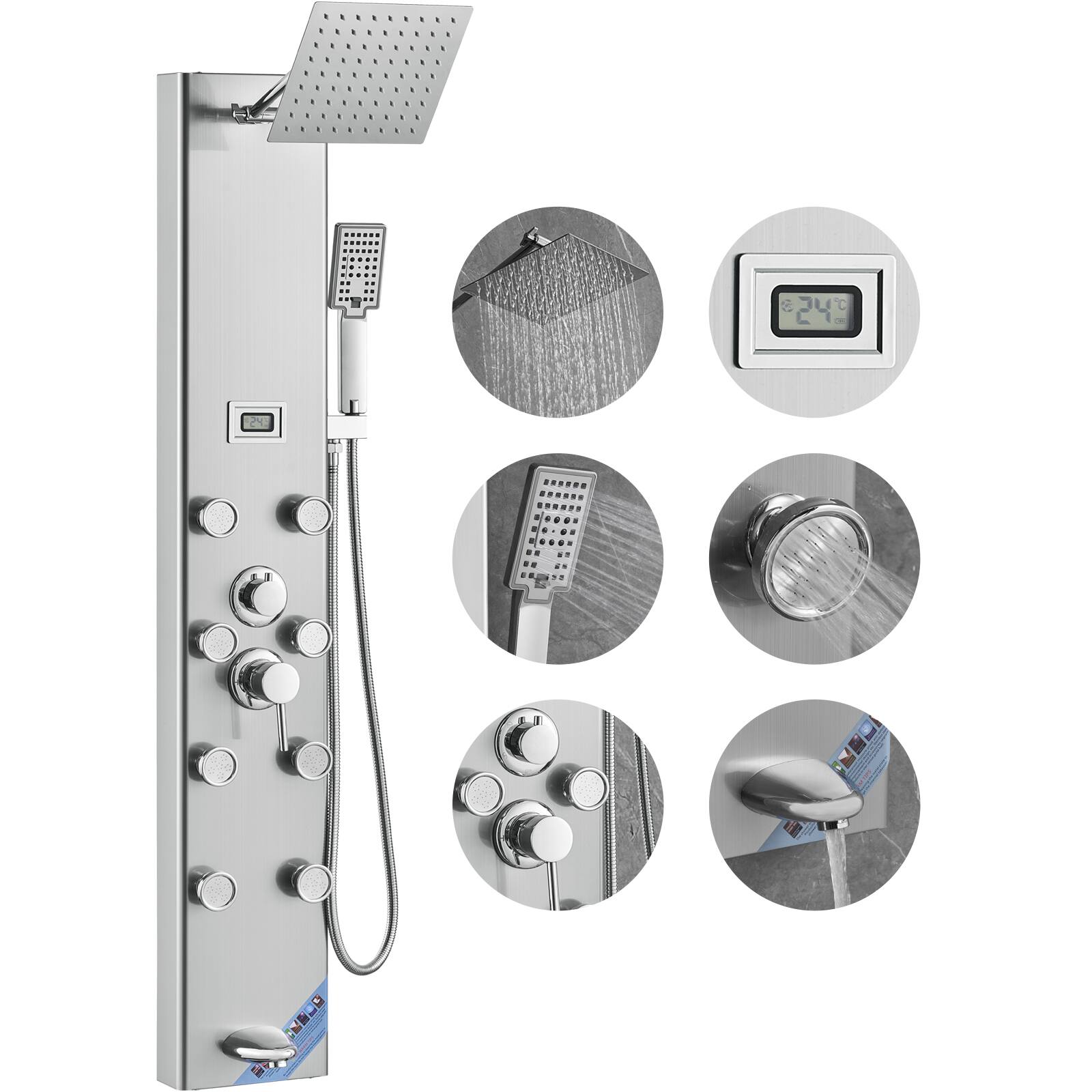 VEVOR - Shower Panel System, 5 Shower Modes, Digital Display Shower Panel Tower, Rainfall, 8 Massage Jets, Tub Spout - Silver