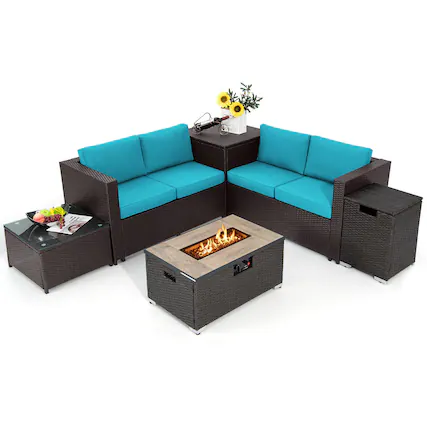 Front. Gymax - Gymax 6 Piece Patio Sofa & Fire Table Set Outdoor Rattan Sectional Sofa Set w/ Storage Box Turquoise - Mix Brown, Turquoise.