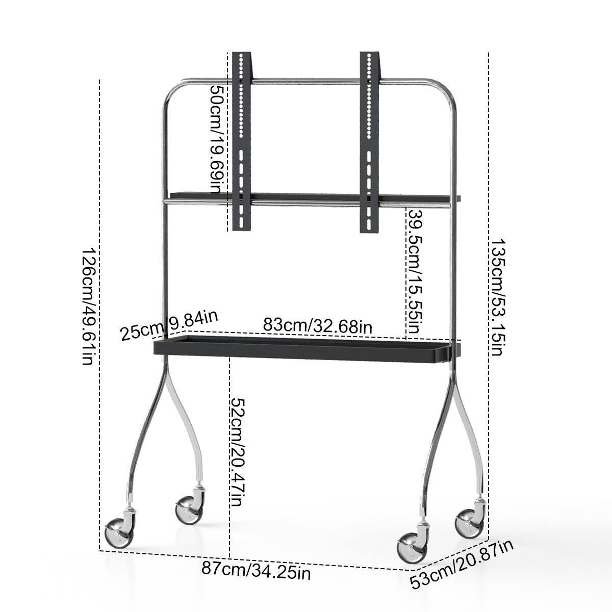 50cm/19.69in  
39.5cm/15.55in  
135cm/53.15in  
126cm/49.61in  
83cm/32.68in  
52cm/20.47in  
53cm/20.87in  
87cm/34.25in