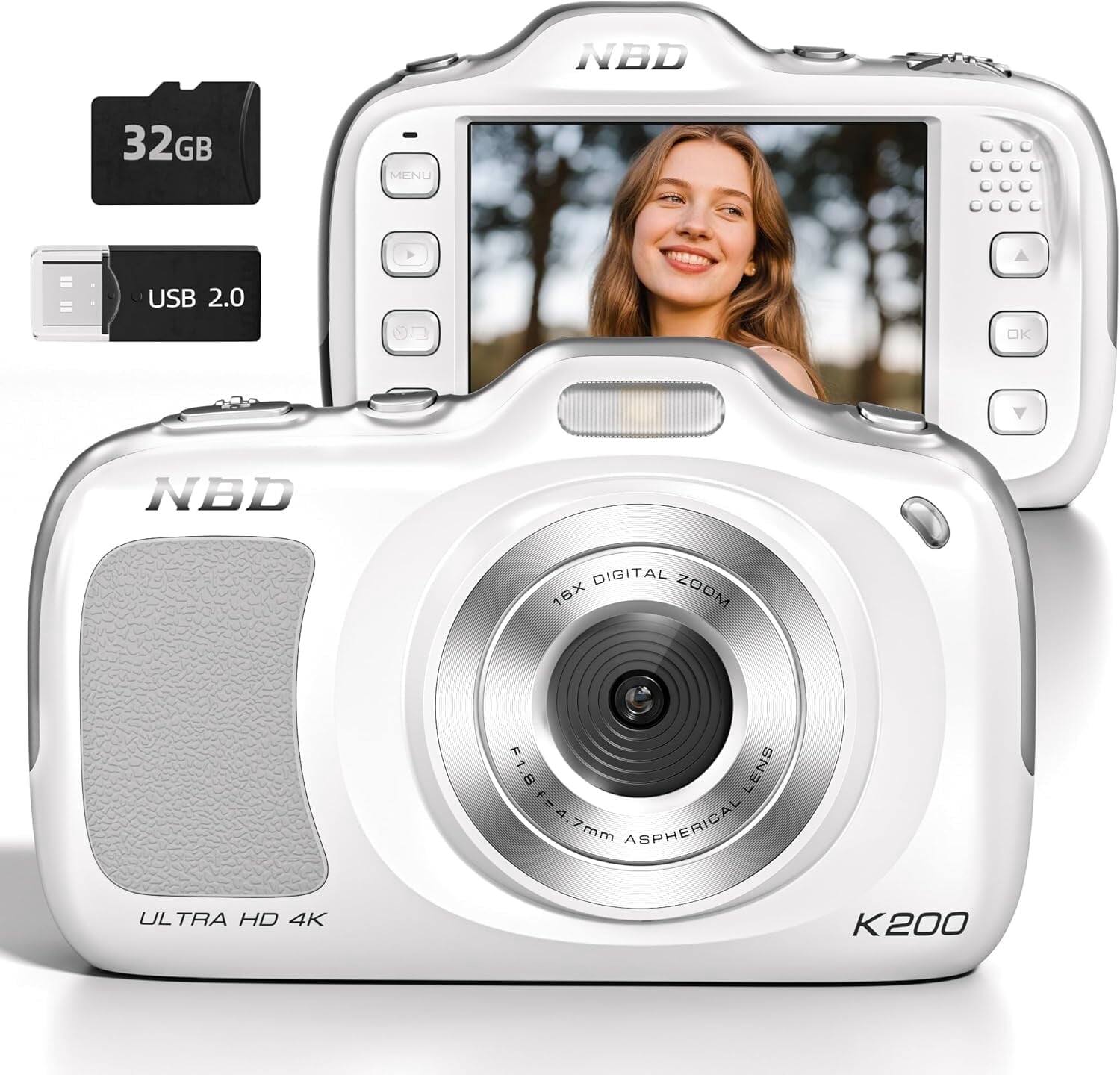 NBD  
32GB  
MENU  
USB 2.0  
OK  
NBD  
DIGITAL 16X ZOOM  
F1.8 f=4. LENS 7mm ASPHERICAL  
ULTRA HD 4K  
K200