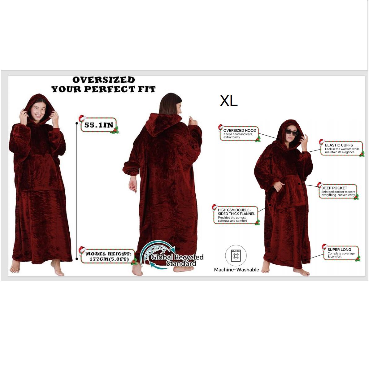 OVERSIZED YOUR PERFECT FIT

XL

55.1IN

OVERSIZED HOOD Keeps head and ears extra toasty

ELASTIC CUFFS Lock in the warmth while maintaining its elegance

DEEP POCKET Enlarged pocket to store everything conveniently

HIGH GSM DOUBLE-SIDED THICK FLANNEL Provides the utmost softness and comfort

MODEL HEIGHT: 177CM (5.8FT)

Global Recycled Standard Machine-Washable

SUPER LONG Complete coverage & comfort