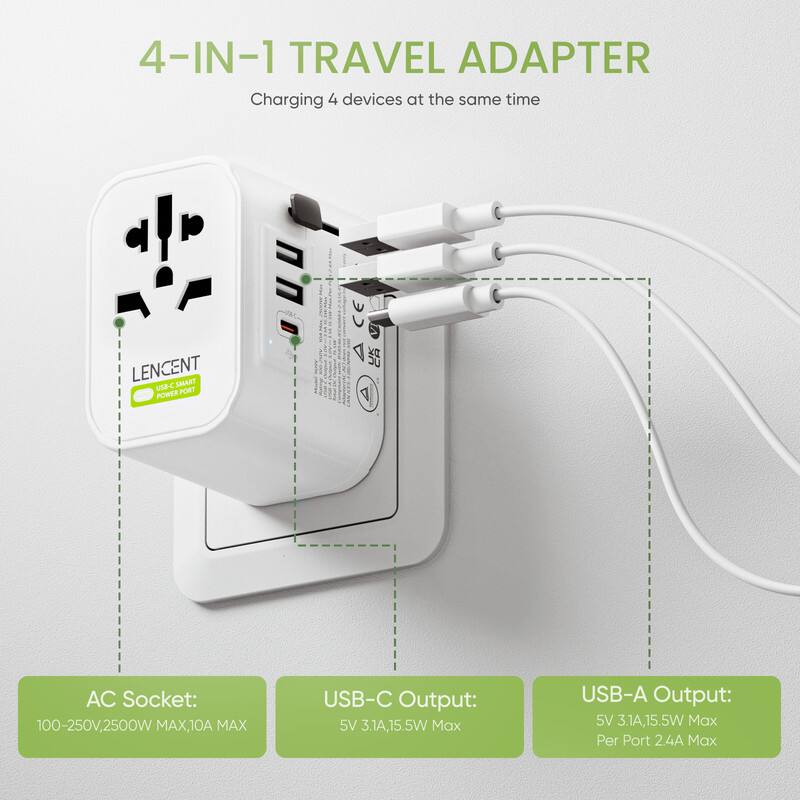 4-IN-1 TRAVEL ADAPTER  
Charging 4 devices at the same time  

LENCENT USB-C SMART POWER PORT  

AC Socket: 100-250V, 2500W MAX, 10A MAX  
USB-C Output: 5V 3.1A, 15.5W Max  
USB-A Output: 5V 3.1A, 15.5W Max Per Port 2.4A Max