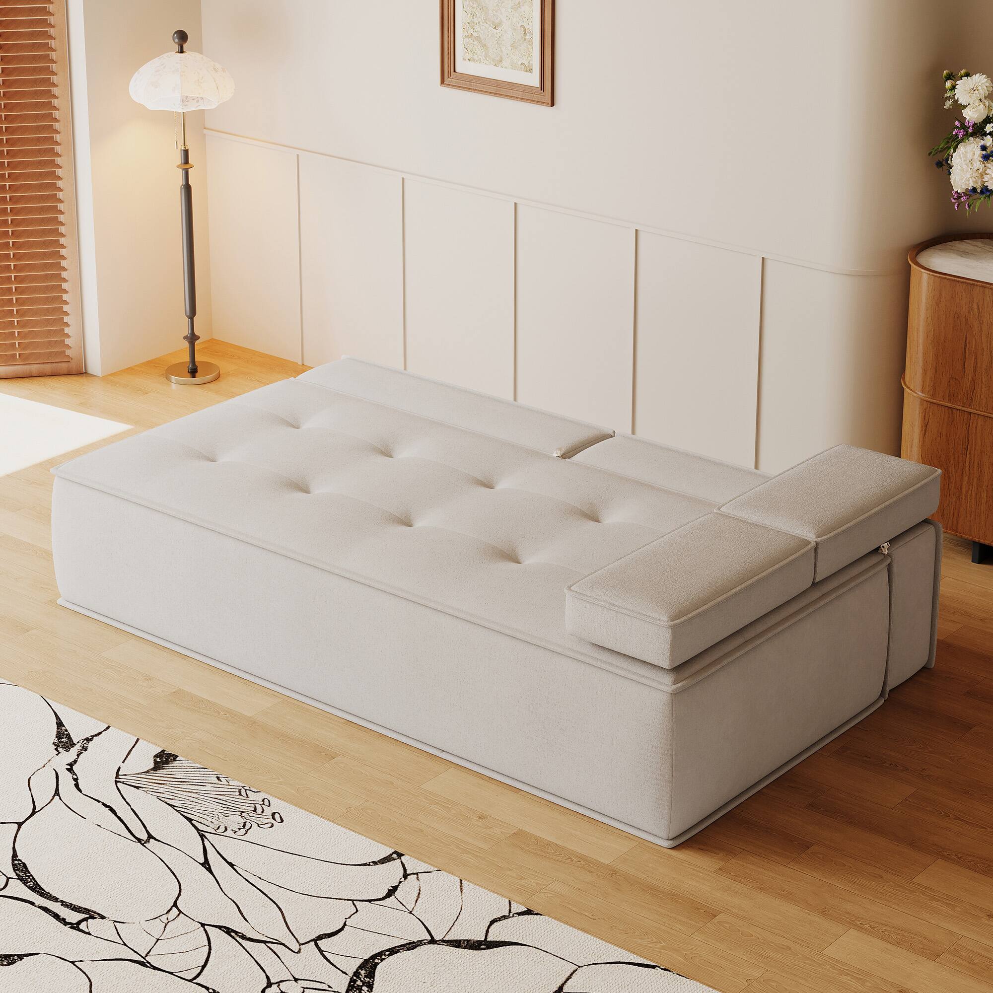 Angle. luck idea - 79" Multi-Functional Fabric Sleeper Sofa, Convertible Couch Bed with Supportive Foam Cushion for Apartment & Studio - White.