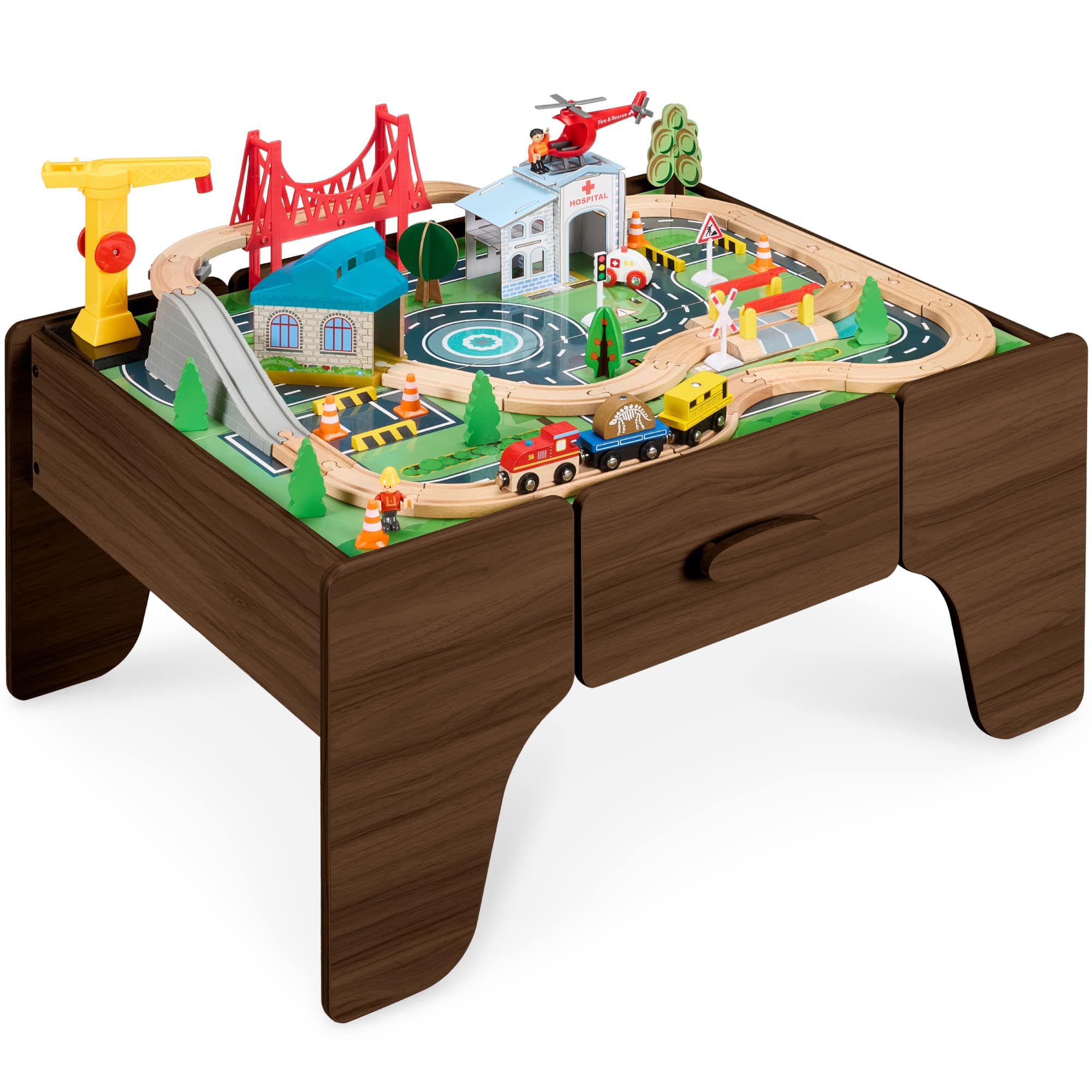 Front. Best Choice Products - 56 Piece Wooden Train Set Table for Kids w/Toy Storage Drawer - Walnut.