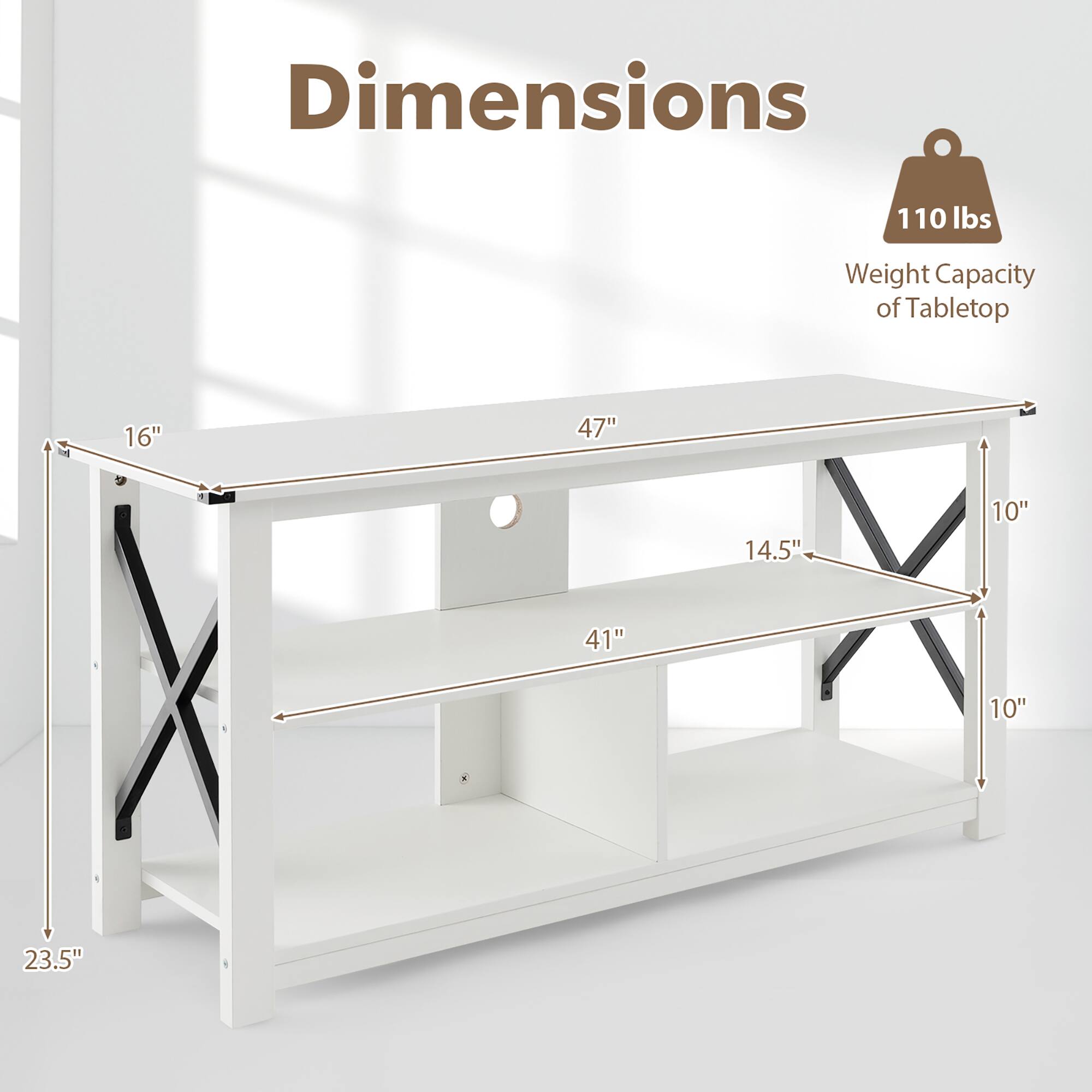 Dimensions: 110 lbs weight capacity of tabletop, 16" x 47" x 14.5" x 10" x 41" x 10" x 23.5".