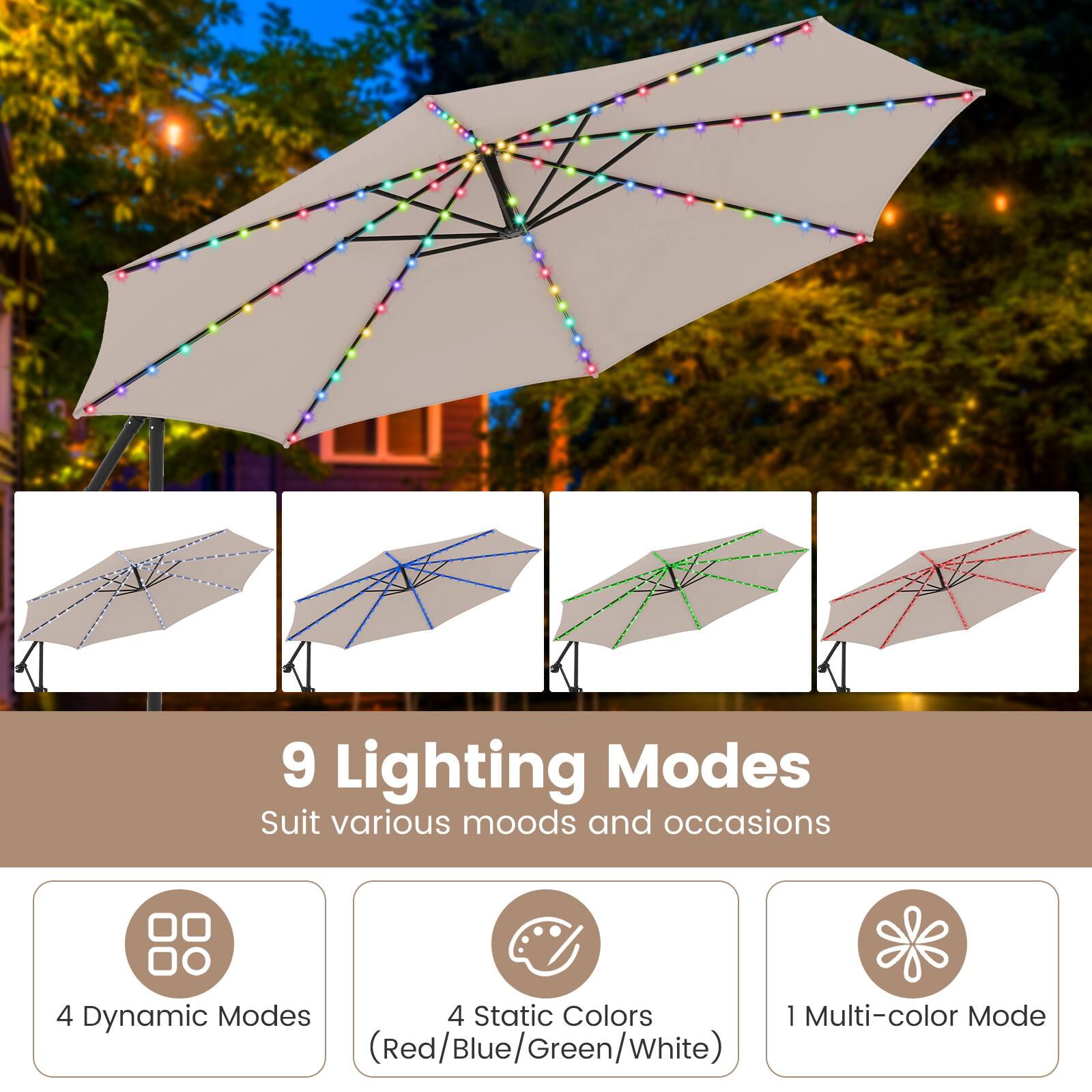 9 Lighting Modes  
Suit various moods and occasions  

4 Dynamic Modes  
4 Static Colors (Red/Blue/Green/White)  
1 Multi-color Mode