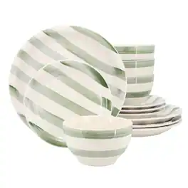 Gibson - Home Kenwood Shores 12 Piece Stoneware Dinnerware Set - Green Stripe