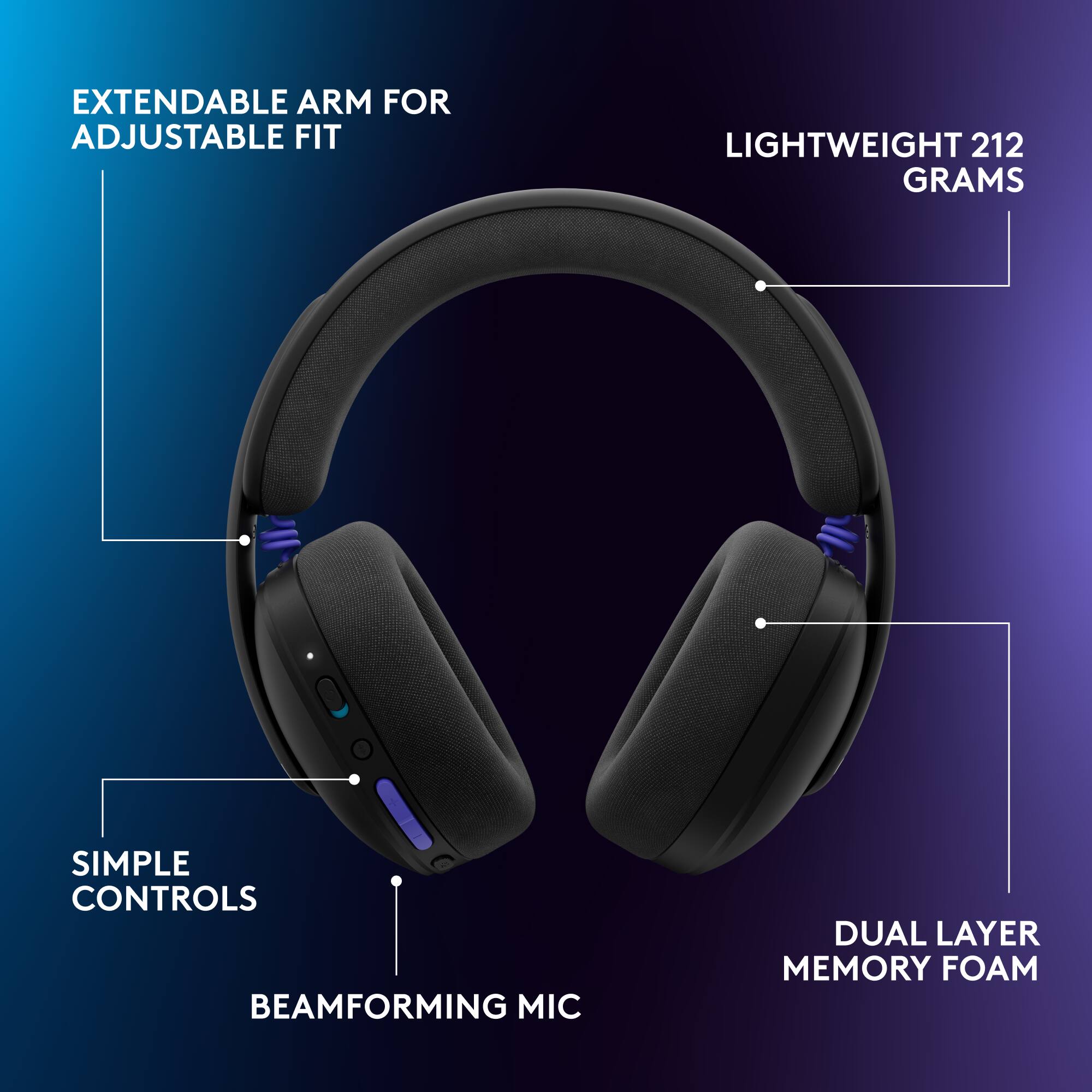 EXTENDABLE ARM FOR ADJUSTABLE FIT  
LIGHTWEIGHT 212 GRAMS  
SIMPLE CONTROLS  
BEAMFORMING MIC  
DUAL LAYER MEMORY FOAM