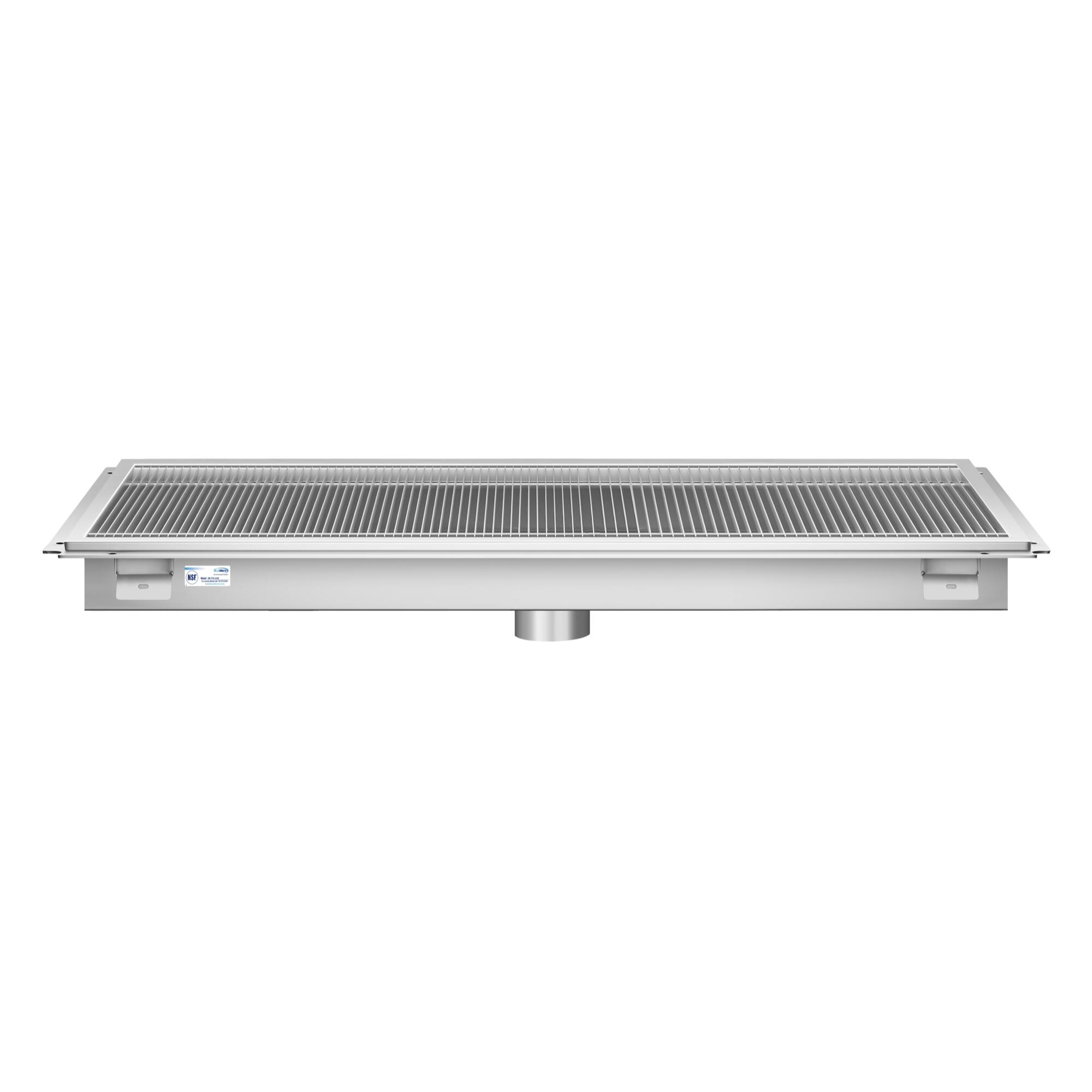 Back. Koolmore - 24" x 48" Stainless Steel Floor Trough Drain, 14-Gauge with Subway-Style Grating & Removable Drain Basket, NSF Listed - Stainless-Steel.