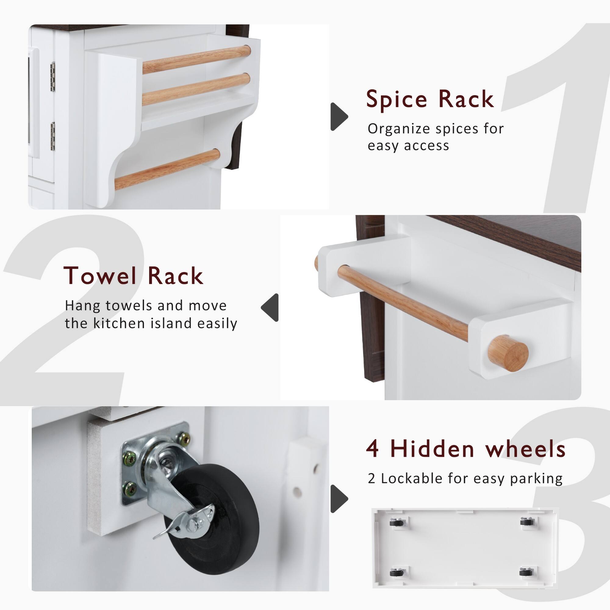 - Towel Rack: Hang towels and move the kitchen island easily
- Spice Rack: Organize spices for easy access
- 4 Hidden wheels: 2 Lockable for easy parking