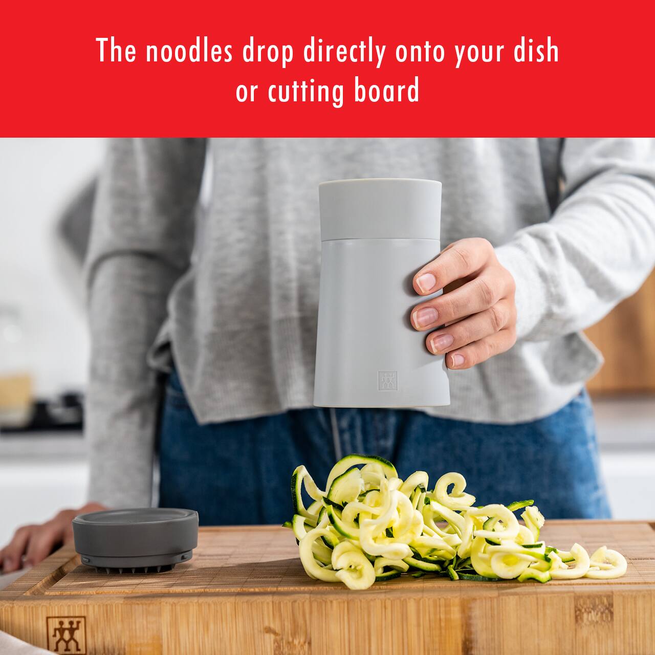 The noodles drop directly onto your dish or cutting board