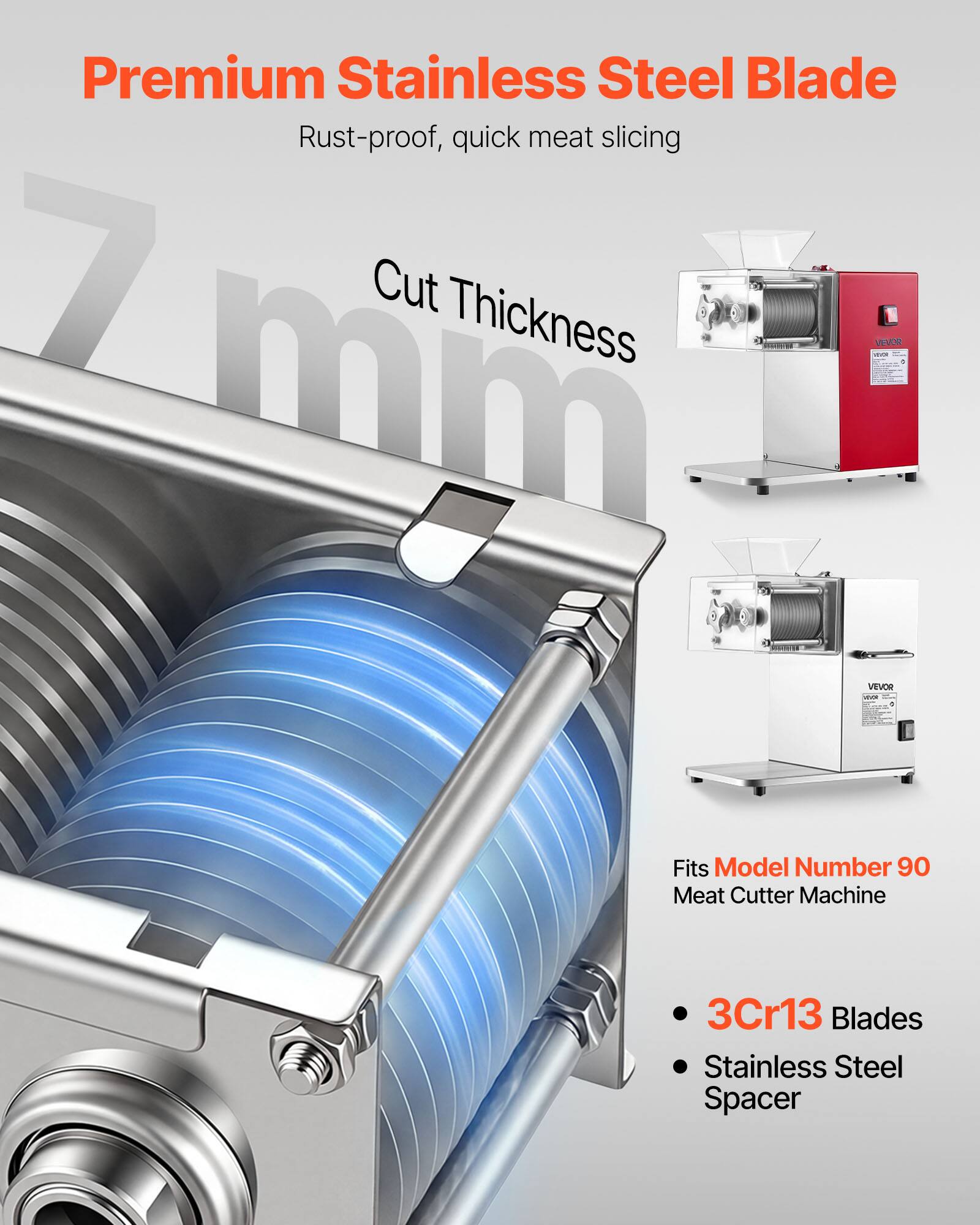 Premium Stainless Steel Blade  
Rust-proof, quick meat slicing  

7 mm Cut Thickness  

Fits Model Number 90 Meat Cutter Machine  

- 3Cr13 Blades  
- Stainless Steel Spacer
