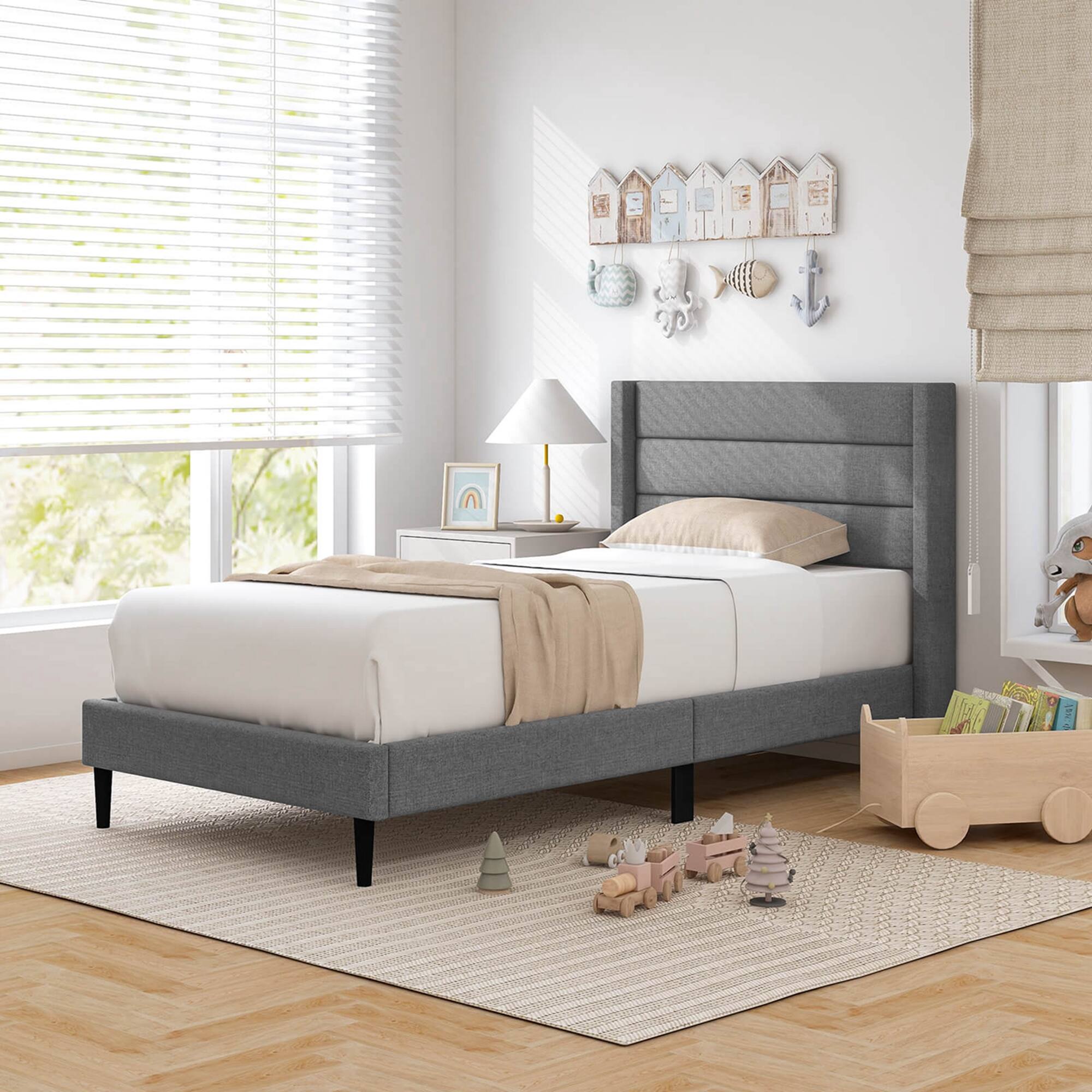 Back. Costway - Twin Bed Frame with Wingback Headboard Linen Upholstered Platform Bed - Grey.