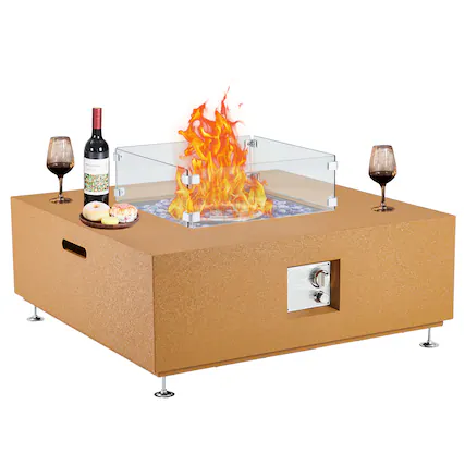 Front. Acekool - 36" 50,000 BTU Certified Propane Fire Pit Table, Outdoor Fireplace with Wind Guard Glass Windshield, Yellow.
