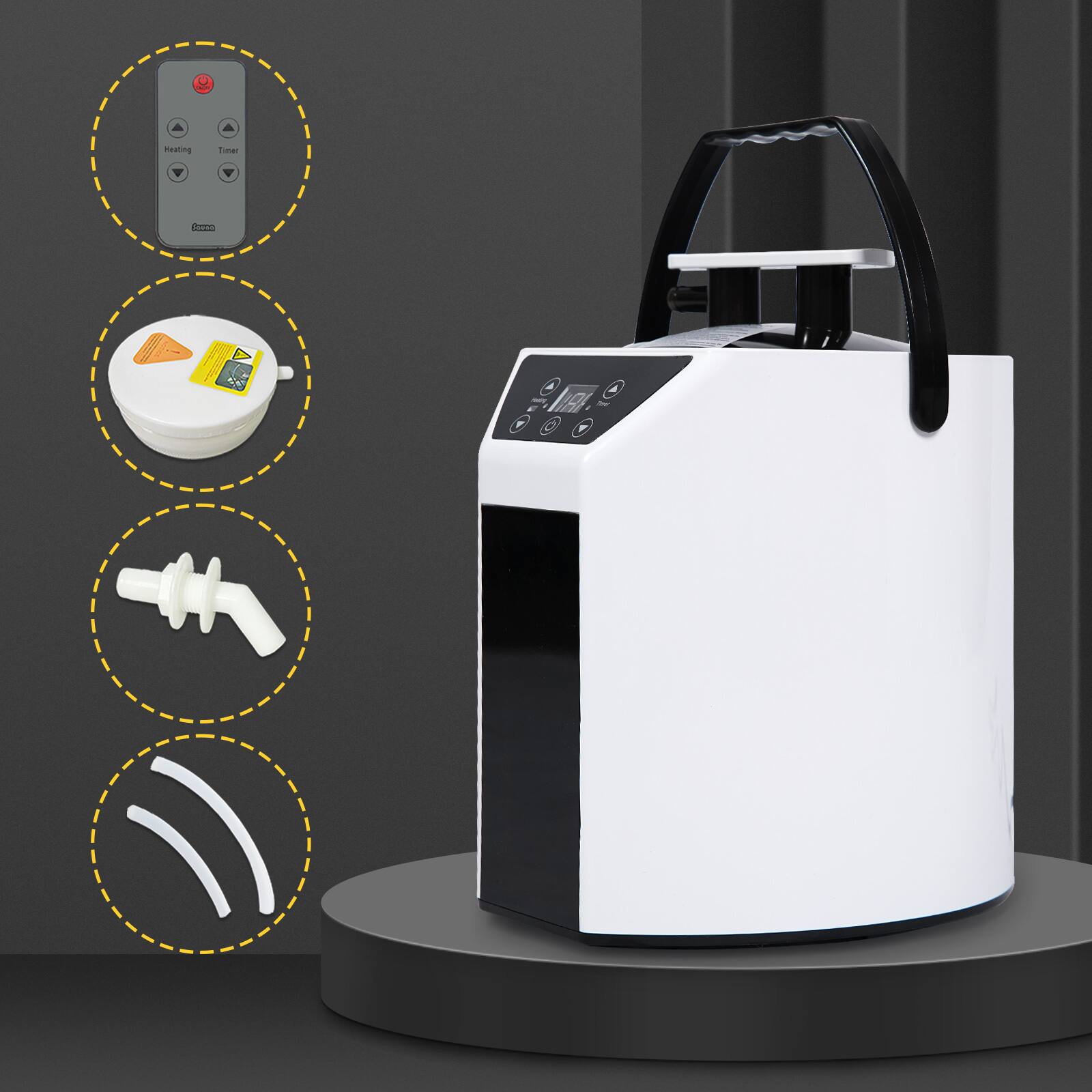 - Heating
- Timer
- Control Panel
- Lid
- Water Inlet
- Base