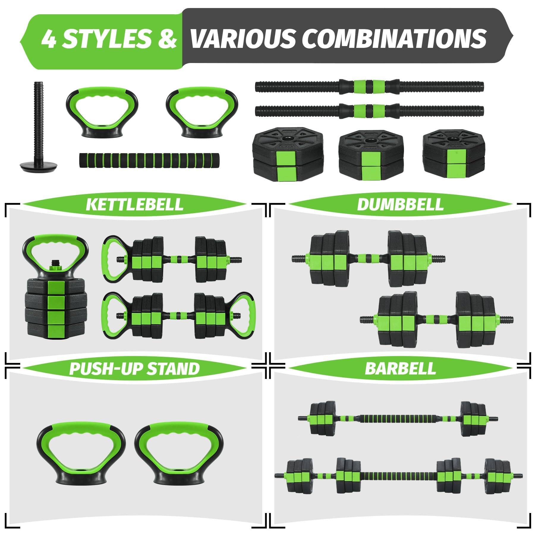 4 STYLES & VARIOUS COMBINATIONS

KETTLEBELL

DUMBBELL

PUSH-UP STAND

BARBELL