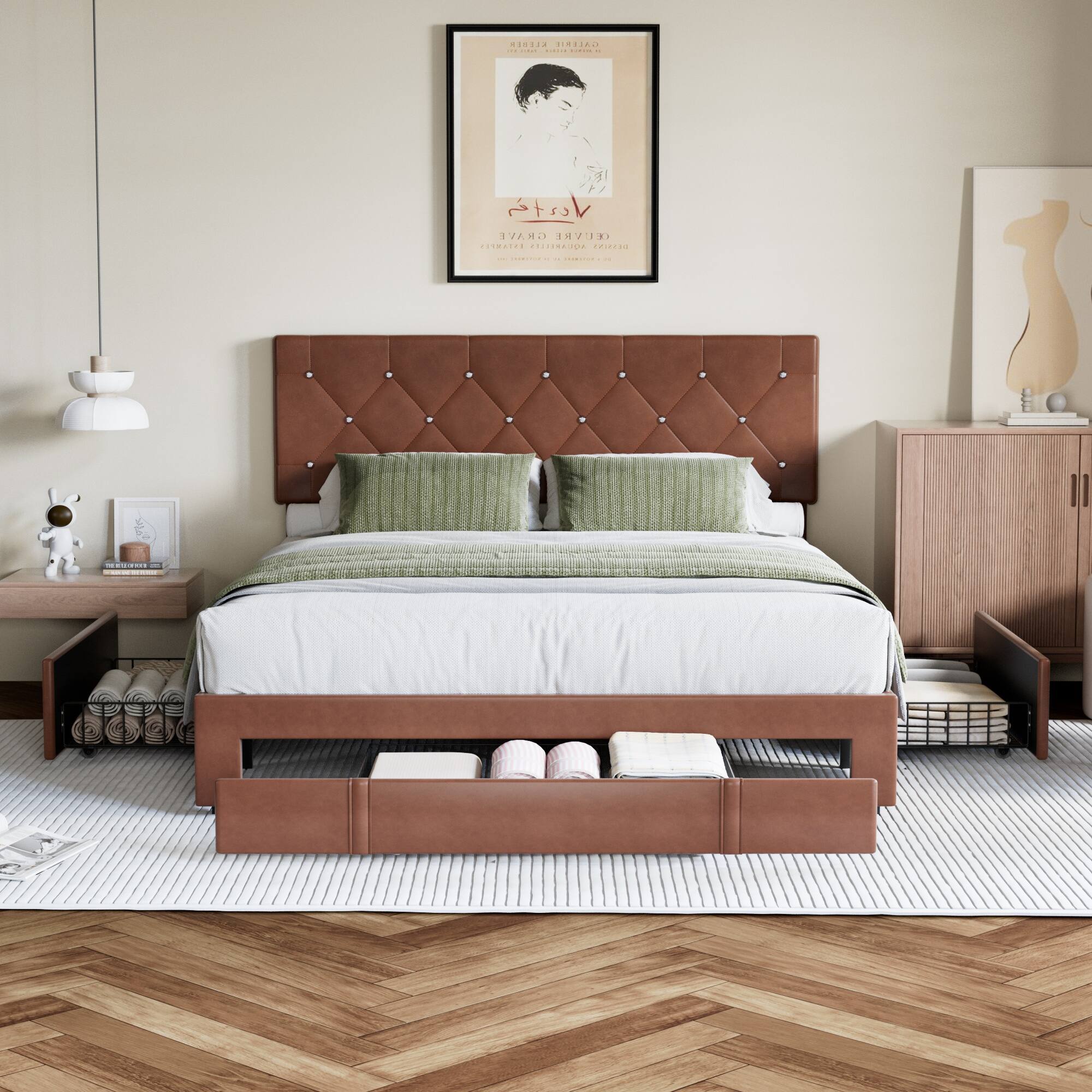 Vecelo - Full Bed Frame with Storage Drawers, Upholstered Faux Leather Platform Bed with Adjustable Headboard and Wood Slats - Brown