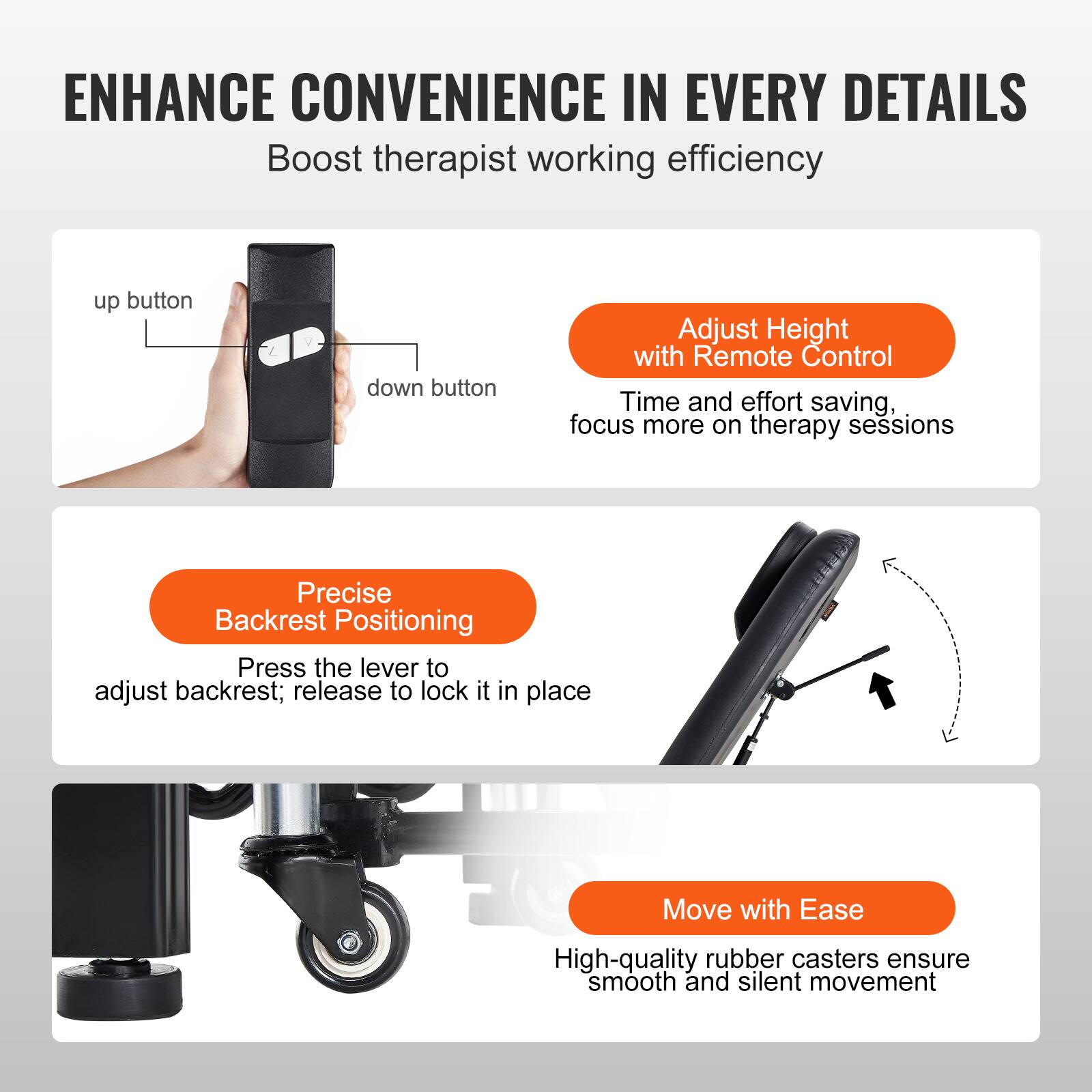 ENHANCE CONVENIENCE IN EVERY DETAILS  
Boost therapist working efficiency  

Adjust Height with Remote Control  
Time and effort saving, focus more on therapy sessions  

Precise Backrest Positioning  
Press the lever to adjust backrest; release to lock it in place  

Move with Ease  
High-quality rubber casters ensure smooth and silent movement