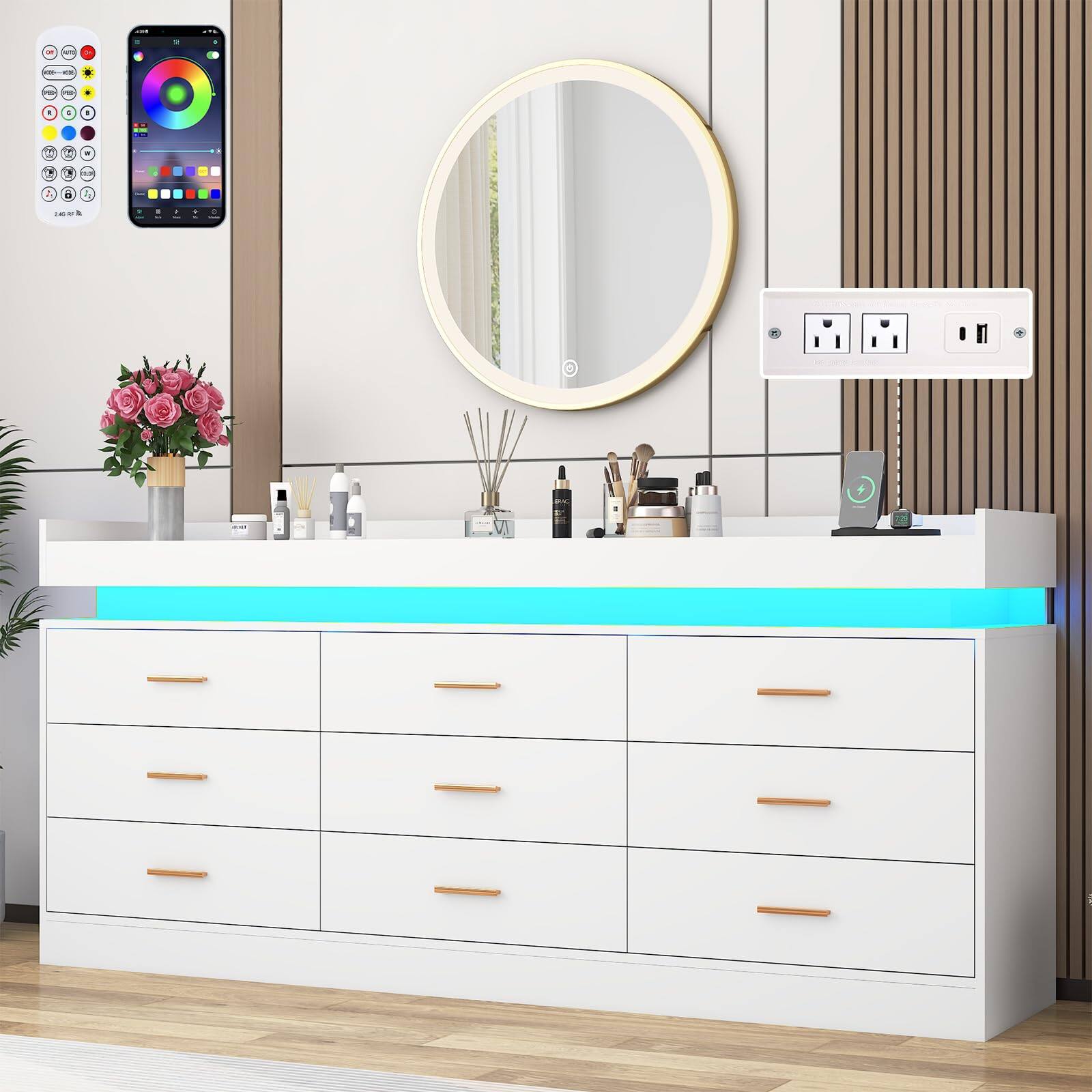 Alt View 5. Espafurni - 9 Drawer Dresser with LED Light and Charging Station, 63" Modern Chest of Drawers for Closet, Wide Drawer Organizer Cabi - White.