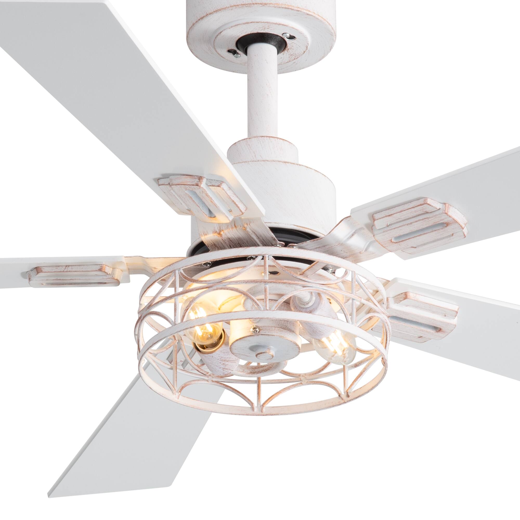 Left. Breezary - 42-In Indoor Ceiling Fan with Light Kit, 5 Plywood Blades, 6-Speed DC Motor and Remote, Timer, Memory Function(1/2 Pack) - Distressed White and Gold (1 Pack).