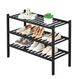 Dazzed Corner - 3 Tier Bamboo Shoe Rack for Closet Free Standing Wood Shoe Shelf Storage Organizer Stackable - Black