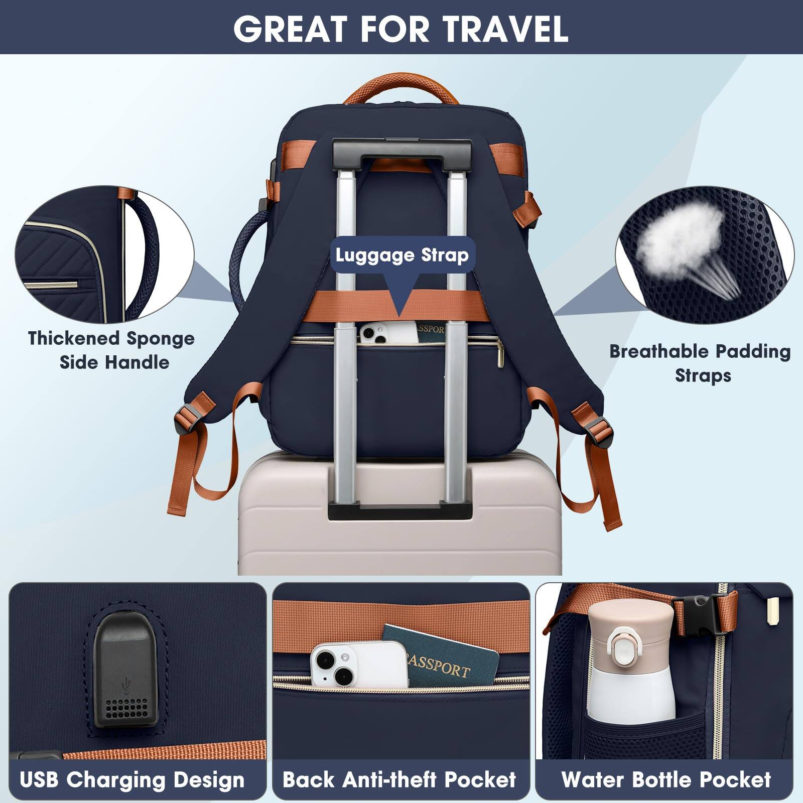 Alt View 1. Stamp n Camp - Large Carry On Travel Backpack  Flight Approved 40l Waterproof Personal Item Daypack For Women Weekender Bag Fit 17inch - Blue Brown.