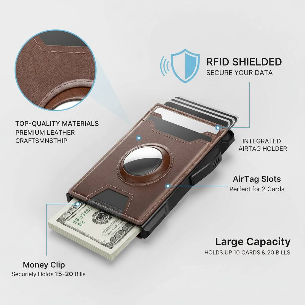RFID SHIELDED  
SECURE YOUR DATA  

TOP-QUALITY MATERIALS  
PREMIUM LEATHER  
CRAFTSMANSHIP  

INTEGRATED AIRTAG HOLDER  
AirTag Slots  
Perfect for 2 Cards  

Large Capacity  
HOLDS UP 10 CARDS & 20 BILLS  

Money Clip  
Secures 15-20 Bills
