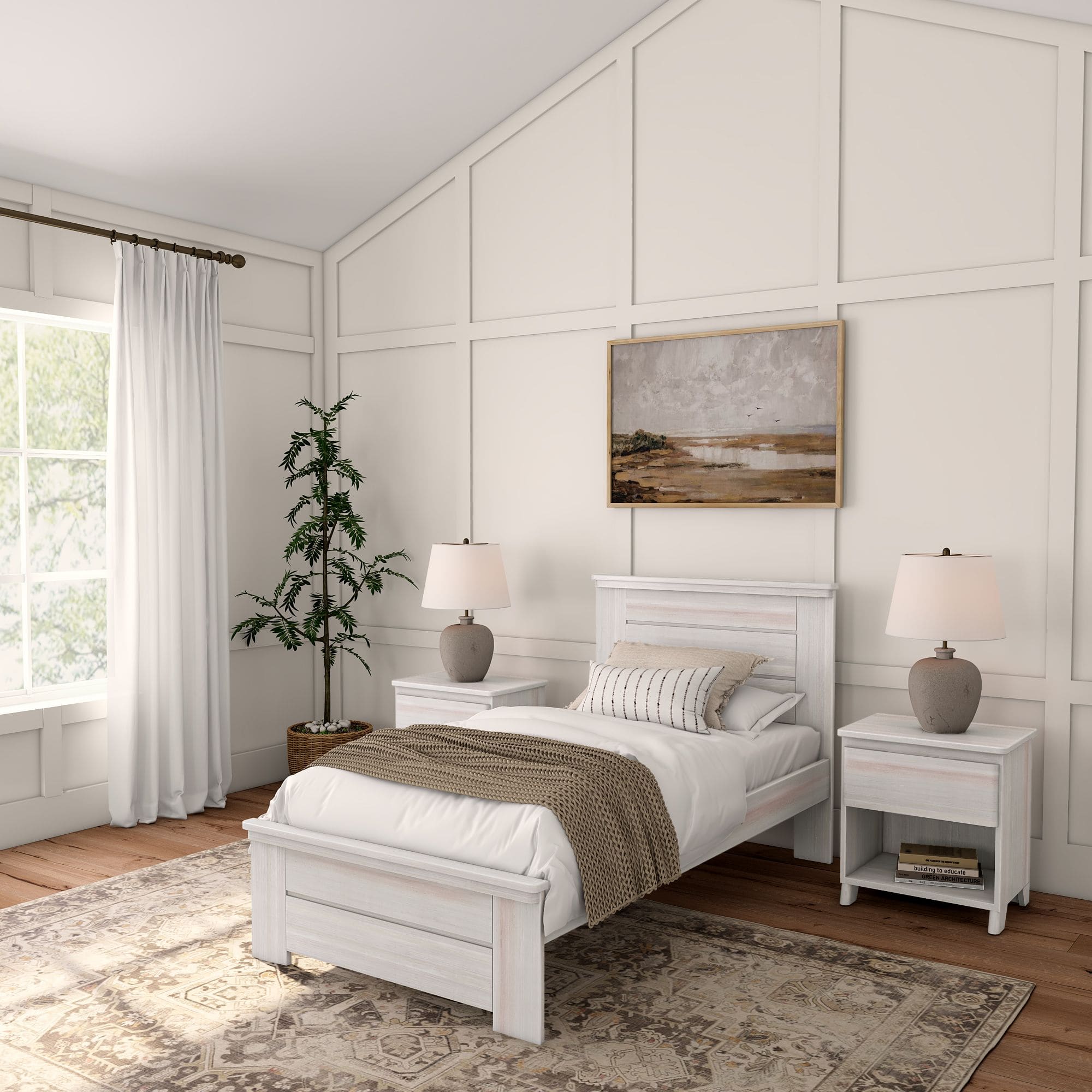 Plank+Beam - Farmhouse Twin Bed with Panel Headboard, White Wash - White Wash