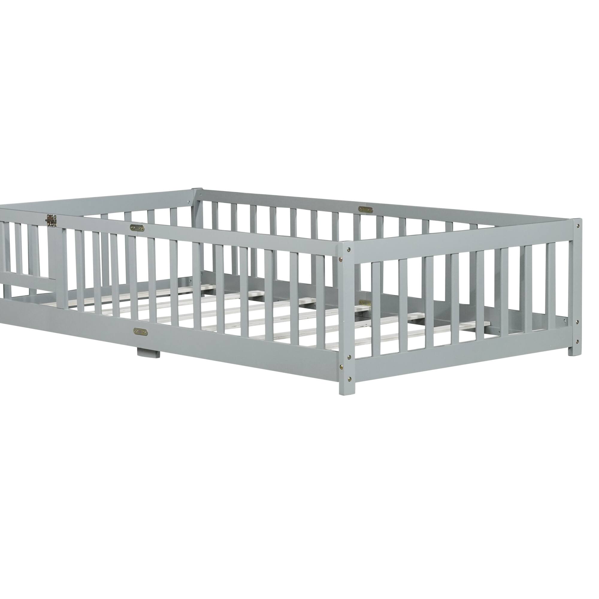 Left. GOODSILO - Twin Size Floor Bed with Safety Fence and Door for Kids, Sturdy Rubber Wood Construction - Grey.