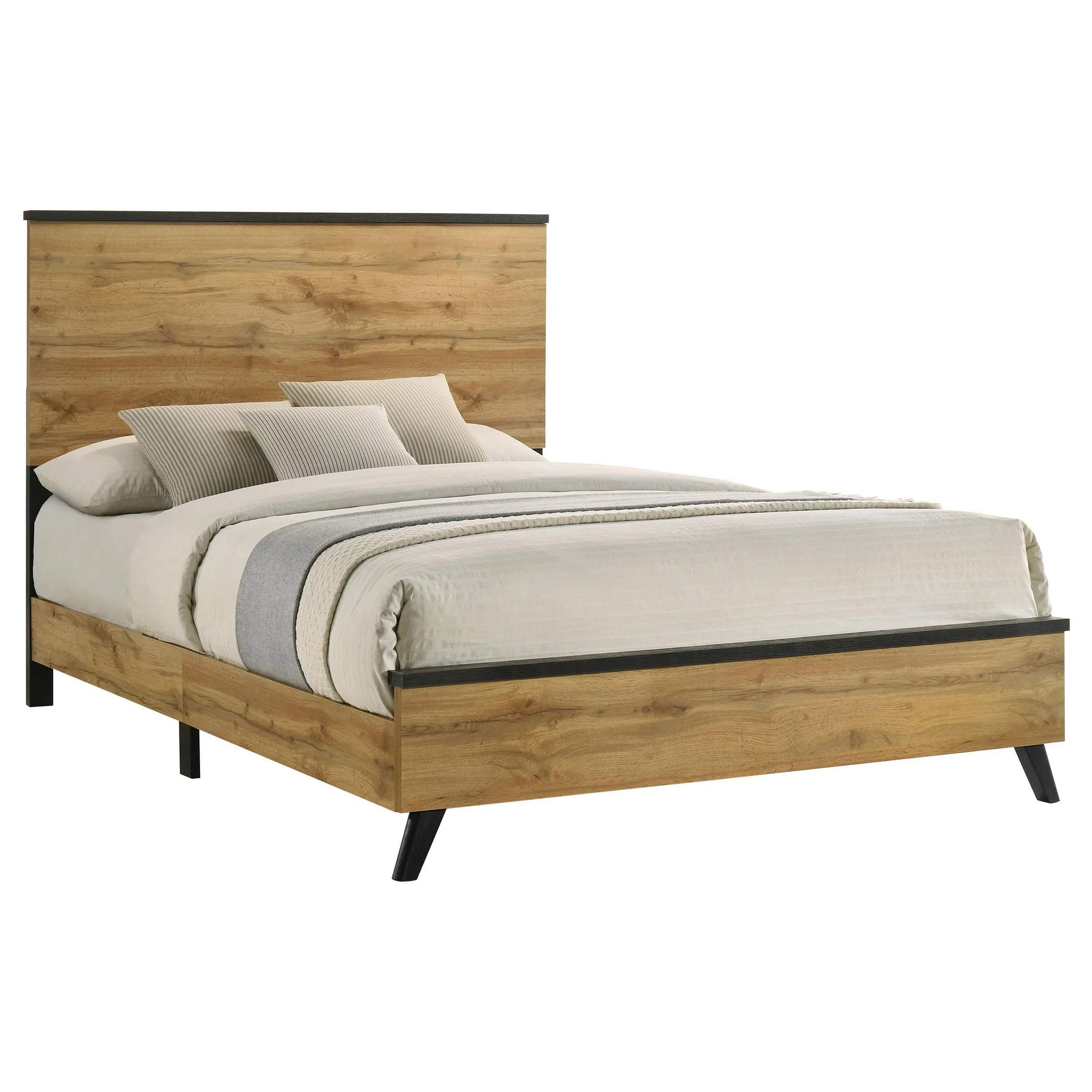 Alt View 1. Manhattan Lane - Wemy King Size Bed, Tall Panel Headboard, Natural Brown Pine Finish - Brown, Black.