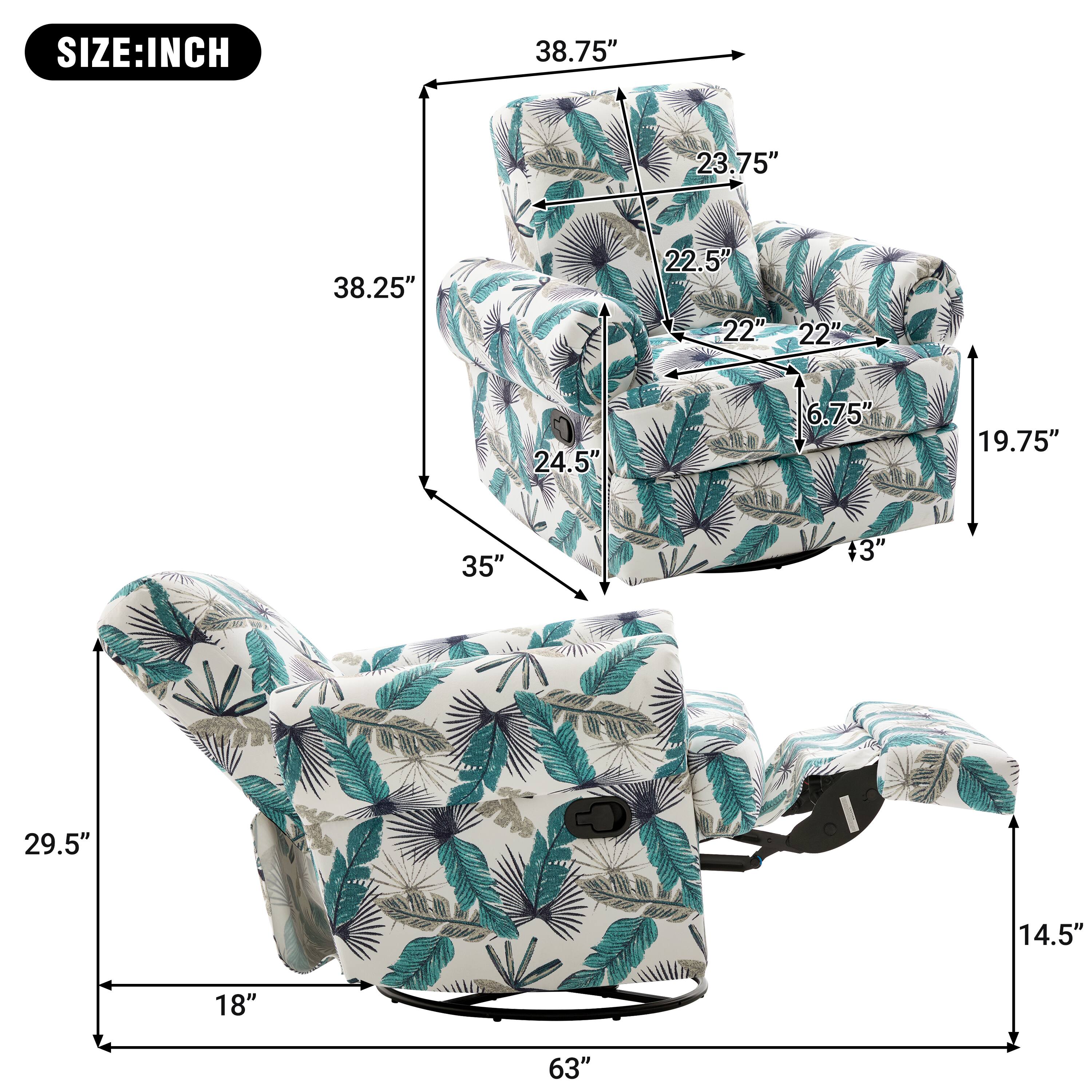 Sure, here is the corrected and grouped text from the image:

**SIZE: INCH**

- **Armchair:**
  - Width: 38.75"
  - Depth: 23.75"
  - Height: 38.25"
  - Seat Height: 19.75"
  - Seat Depth: 22"
  - Arm Height: 22.5"
  - Arm Width: 22"
  - Back Height: 22"
  - Back Width: 23"
  - Seat Width: 24.5"
  - Armrest Height: 6.75"
  - Overall Height: 35"

- **Recliner:**
  - Width: 29.5"
  - Depth: 18"
  - Height: 14.5"
  - Overall Length: 63"